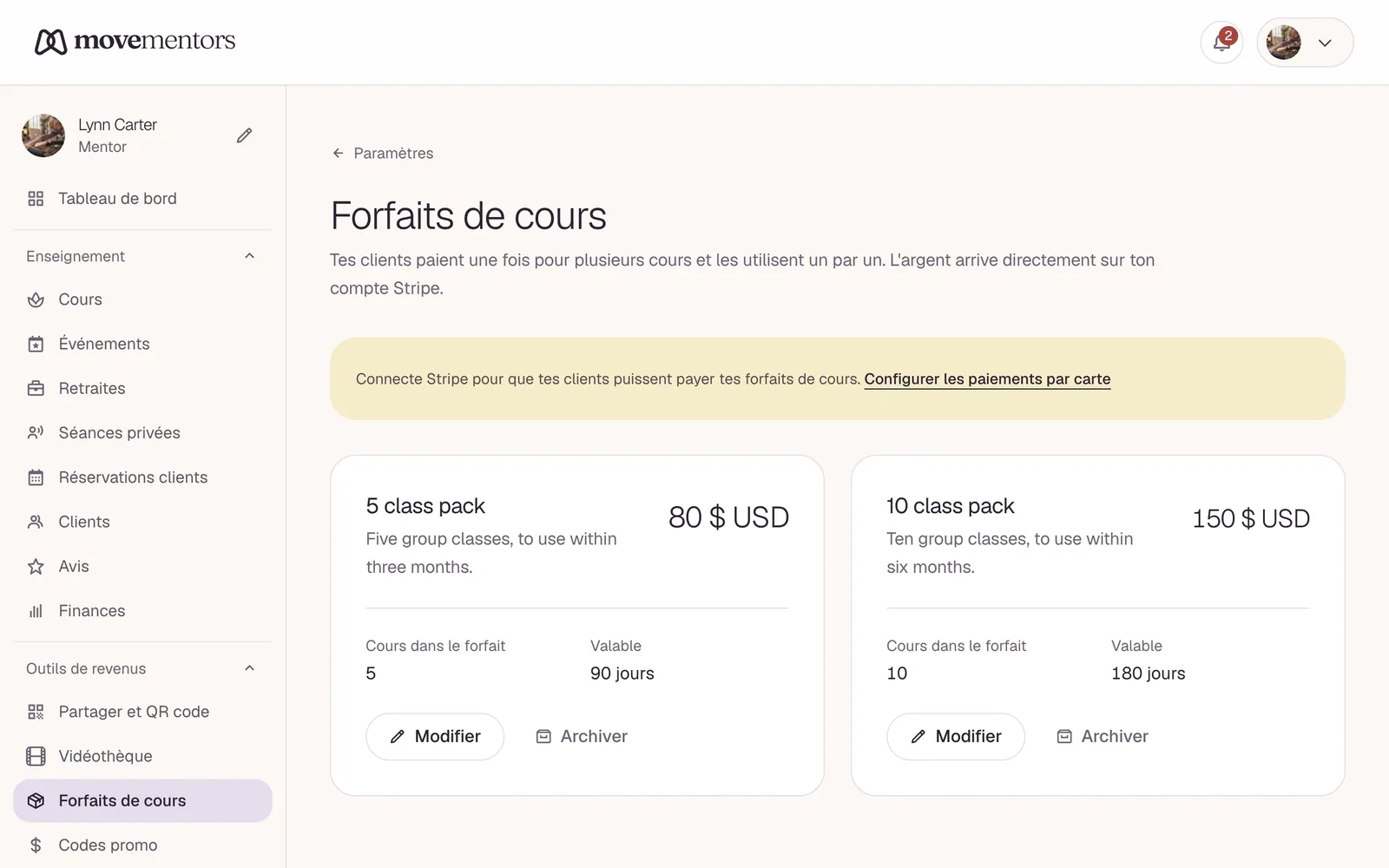 Les carnets de cours dans le tableau de bord. Chaque carte est un carnet que tu vends.