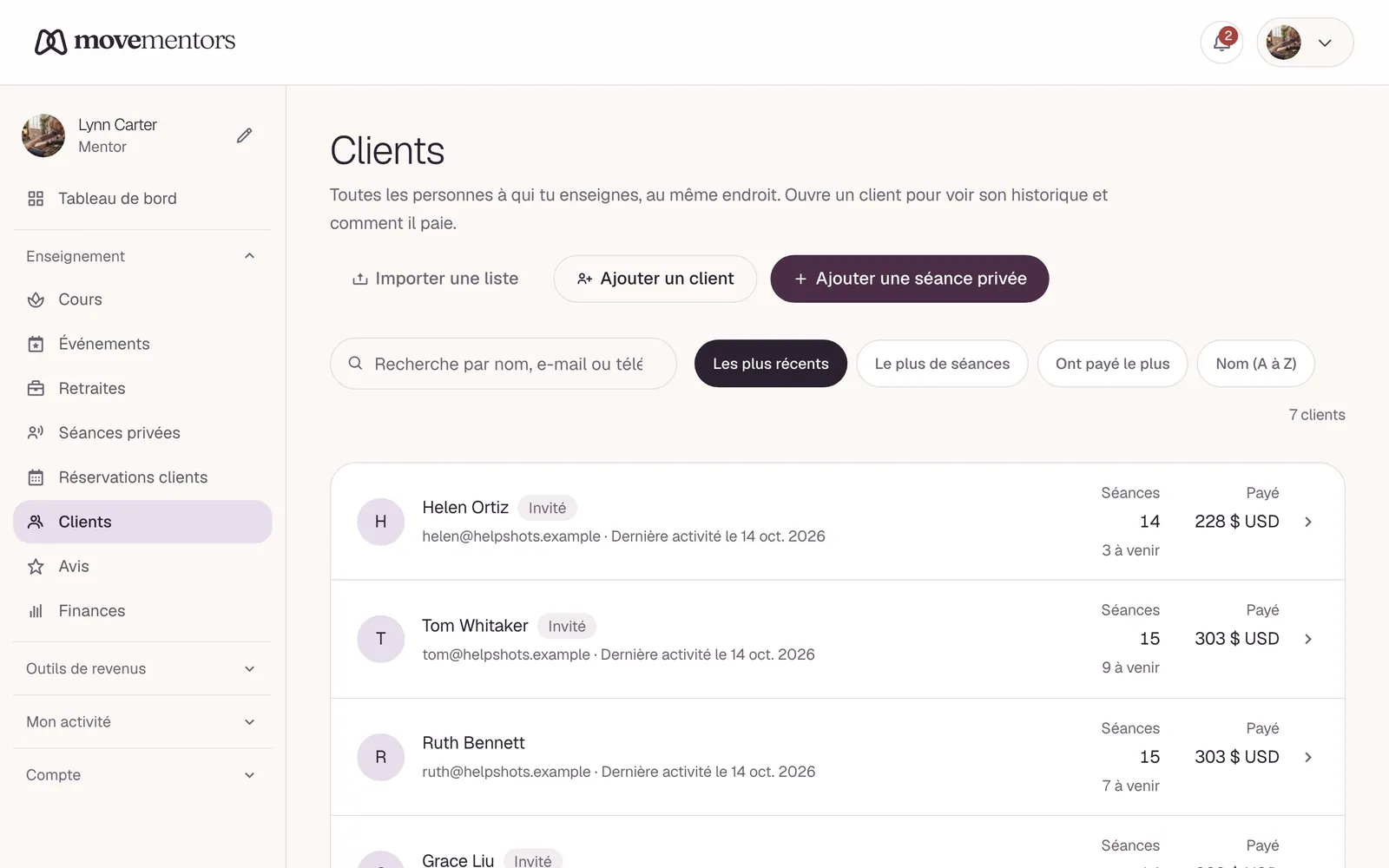 La liste des clients, avec les séances de chaque personne et ce qu'elle a payé.