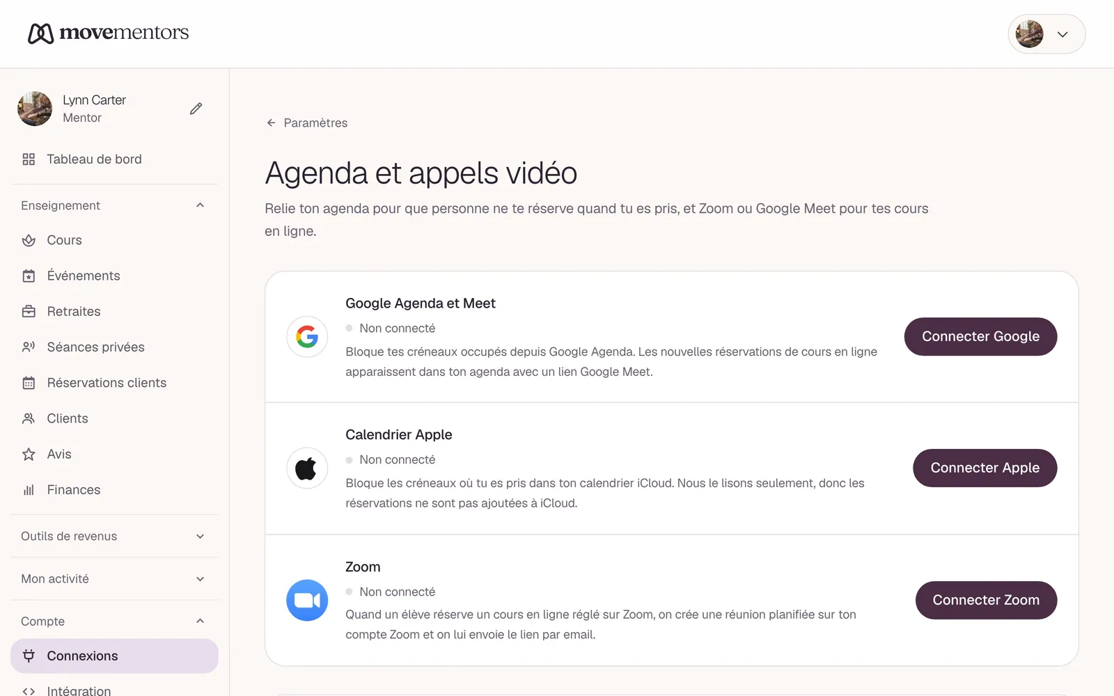 La page Connexions : une ligne pour Google, une pour Apple Calendar et une pour Zoom.