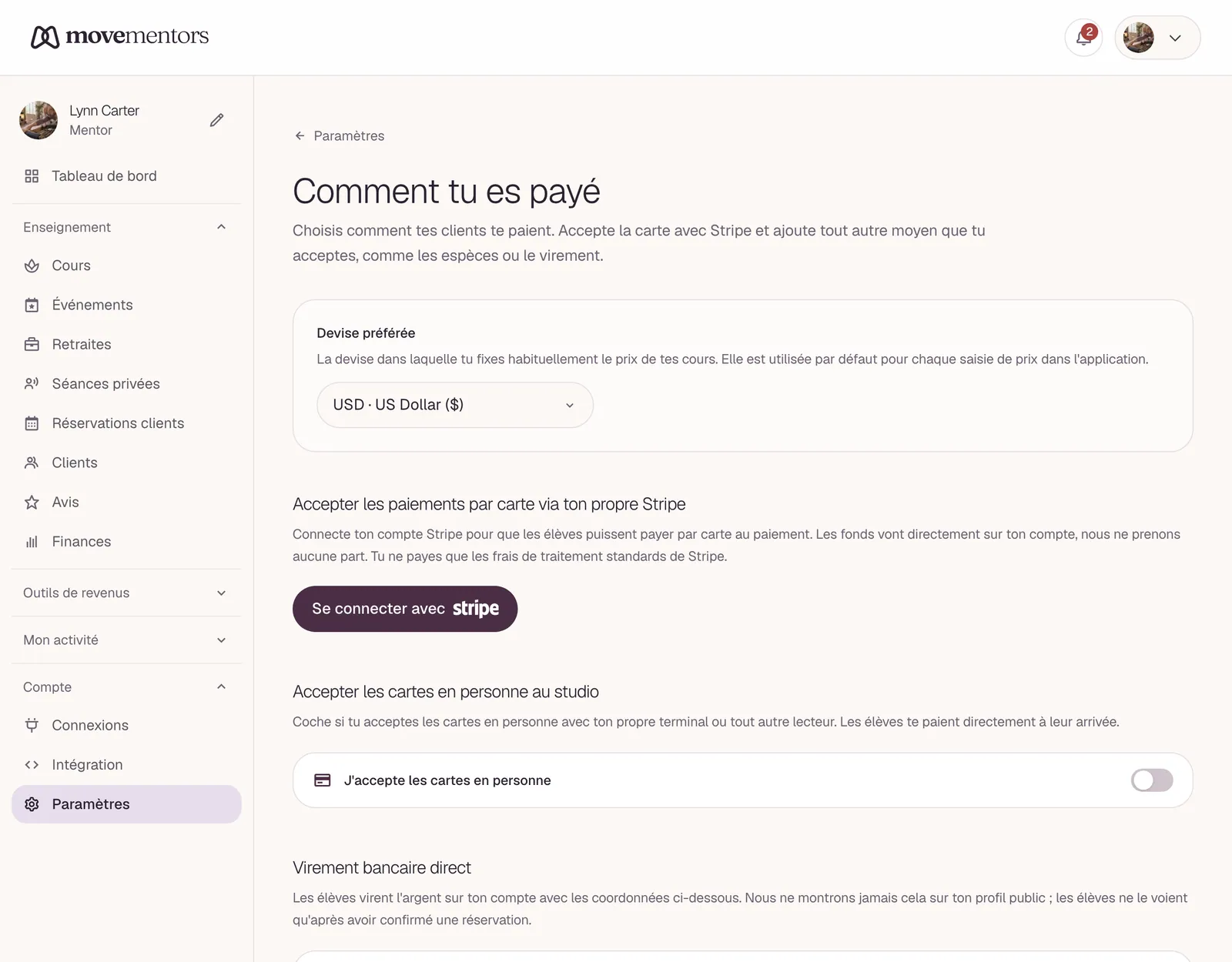 La page Paiements de tes réglages : la carte via Stripe en haut, les autres moyens de paiement en dessous.