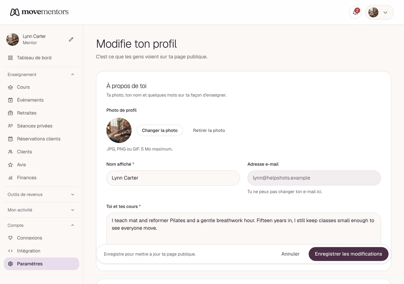 L'éditeur de profil, où tu modifies ta photo, ta présentation et tes liens.