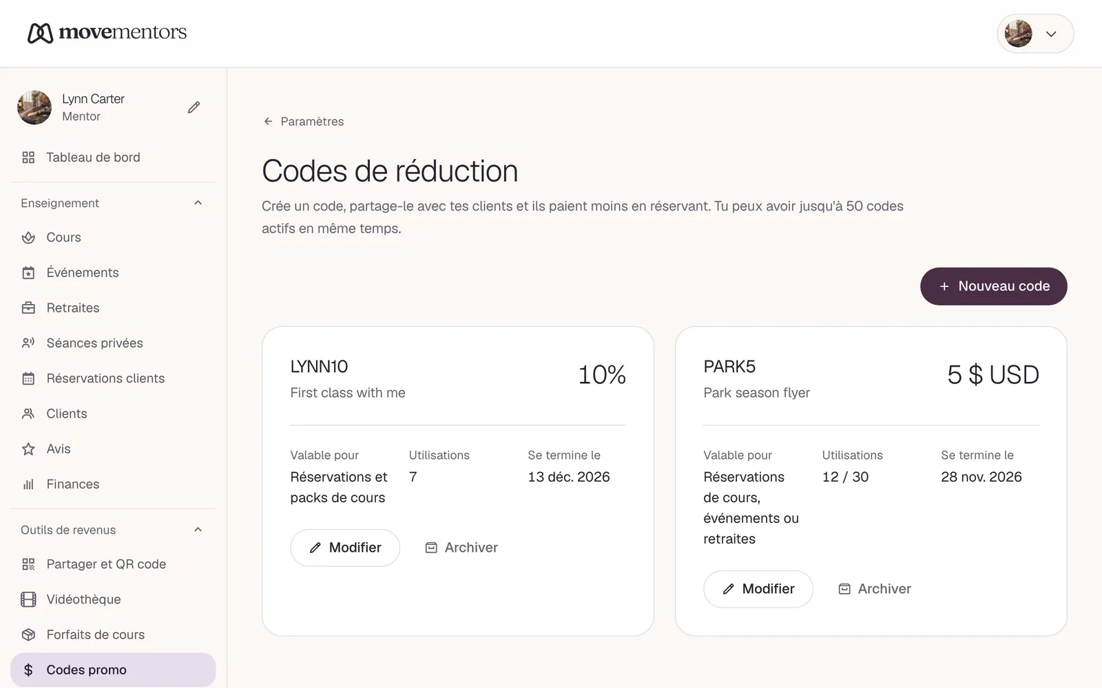 Les codes promo dans le tableau de bord, avec le nombre d'utilisations de chacun.