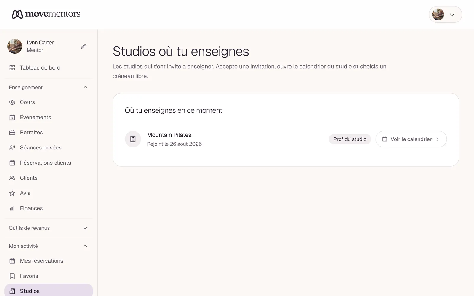 Les studios où tu enseignes, dans ton tableau de bord de mentor.