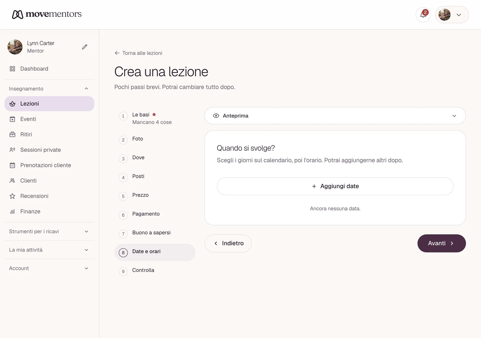 Il passaggio di date e orari, dove aggiungi i giorni della lezione.