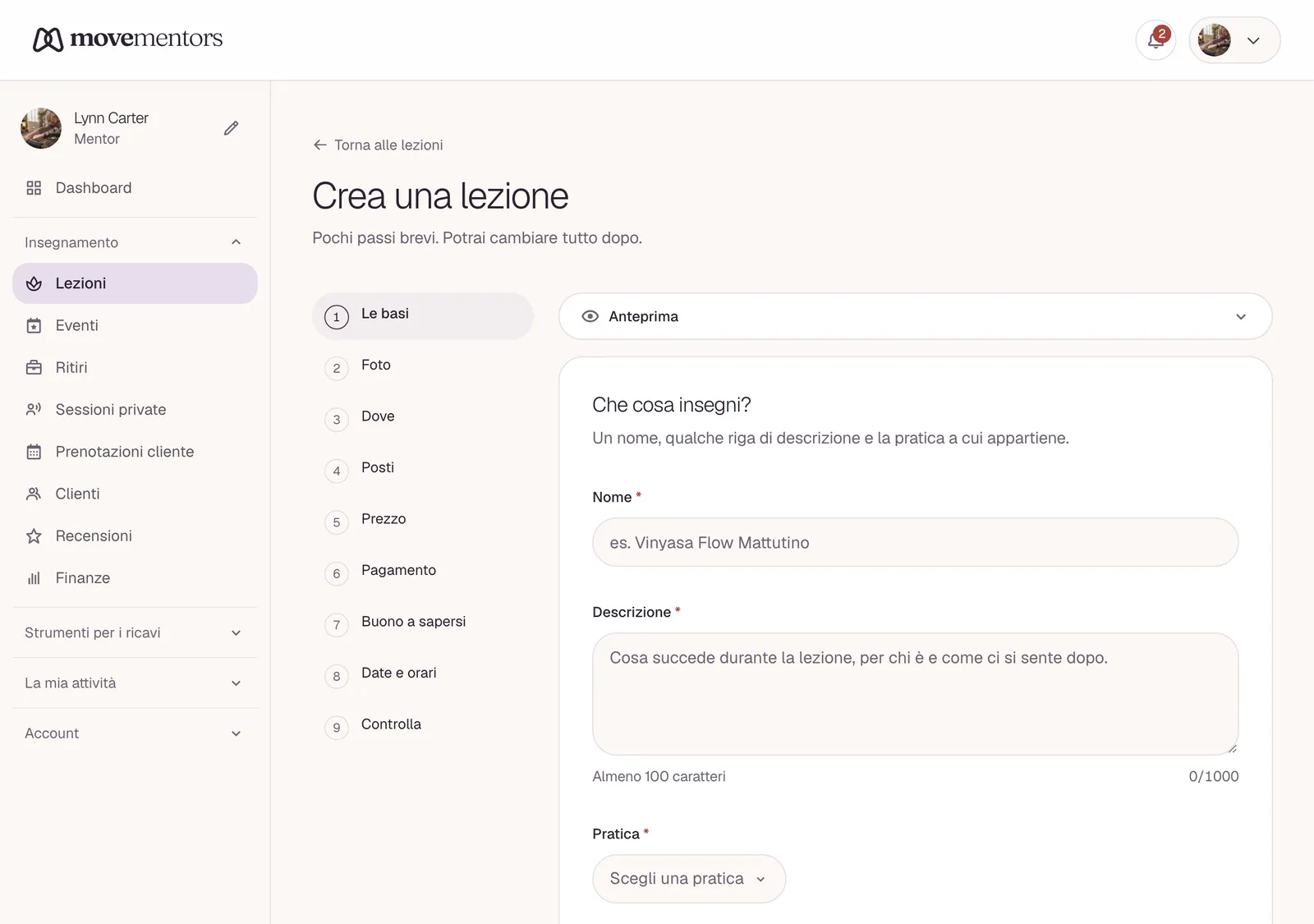 Creare una lezione: un breve passaggio alla volta, con l'elenco dei passaggi a sinistra.