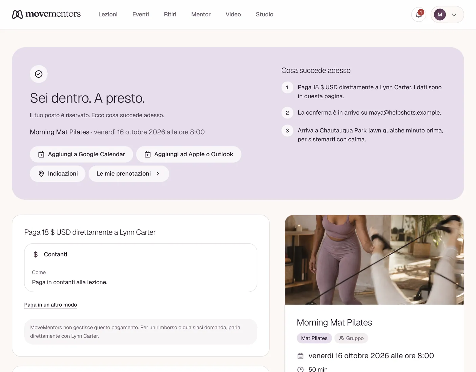 La pagina di conferma che vedi subito dopo aver prenotato.