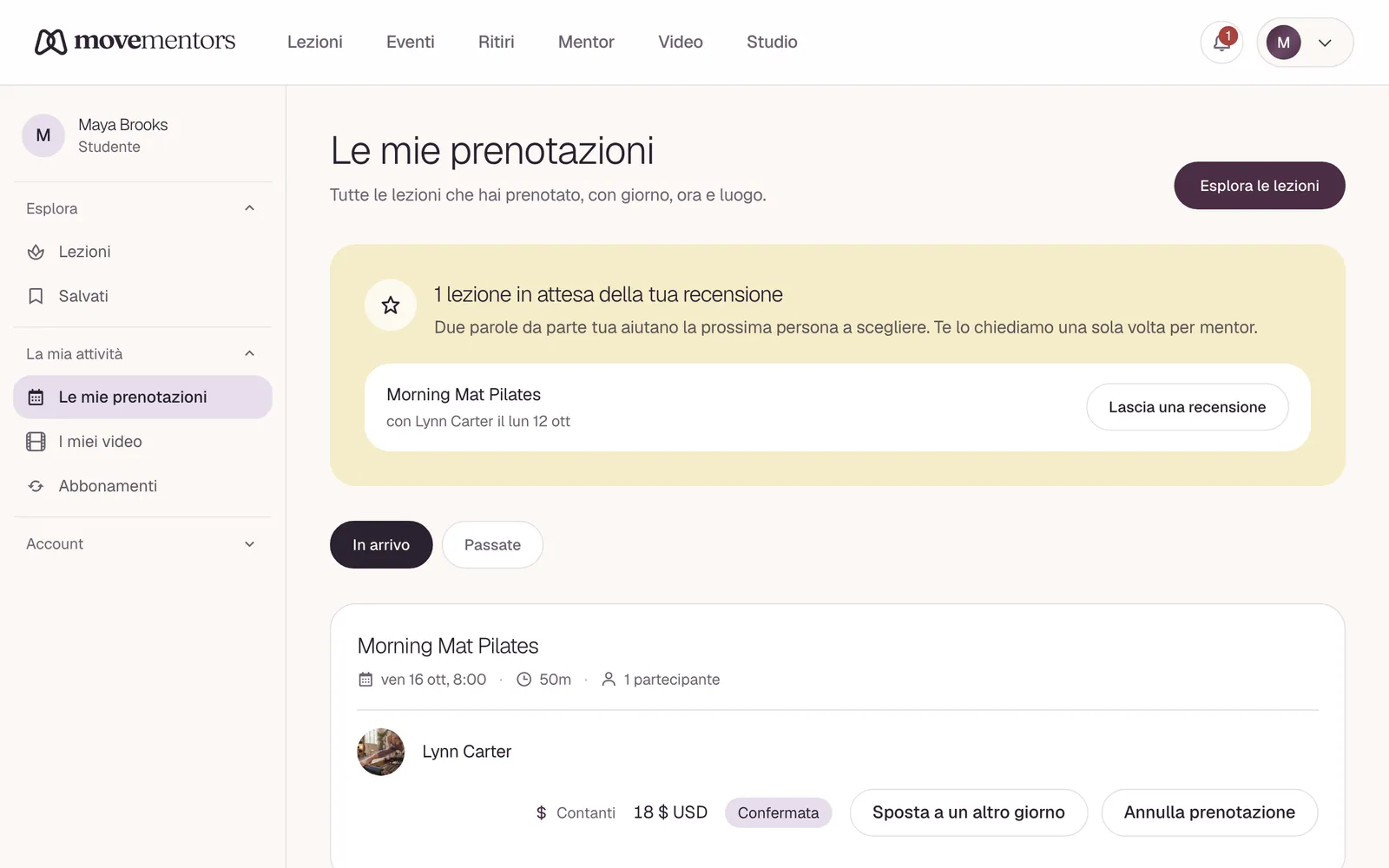Le mie prenotazioni: le prossime lezioni, con giorno, orario e metodo di pagamento.