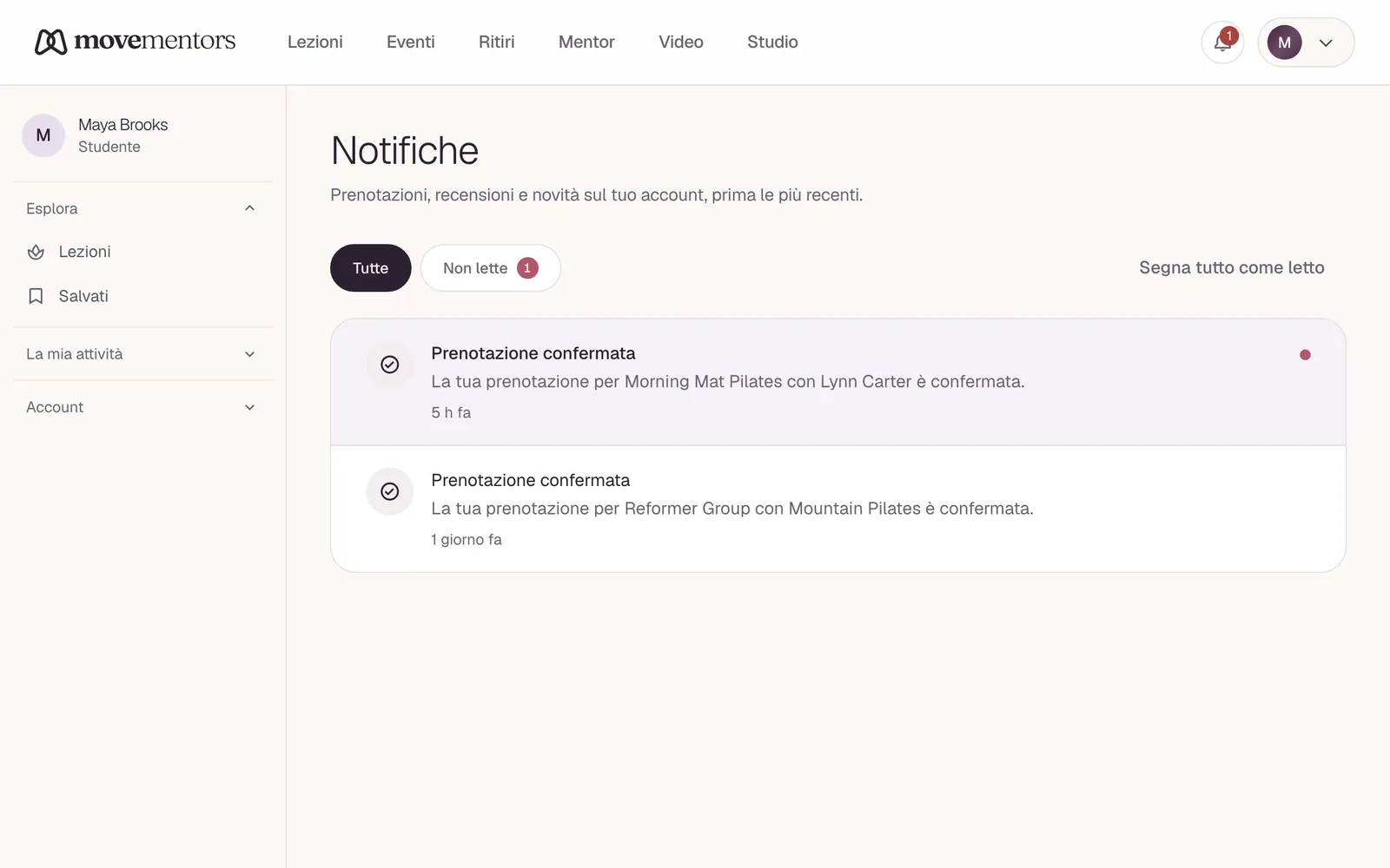 La pagina delle notifiche. Quelle non lette sono evidenziate.