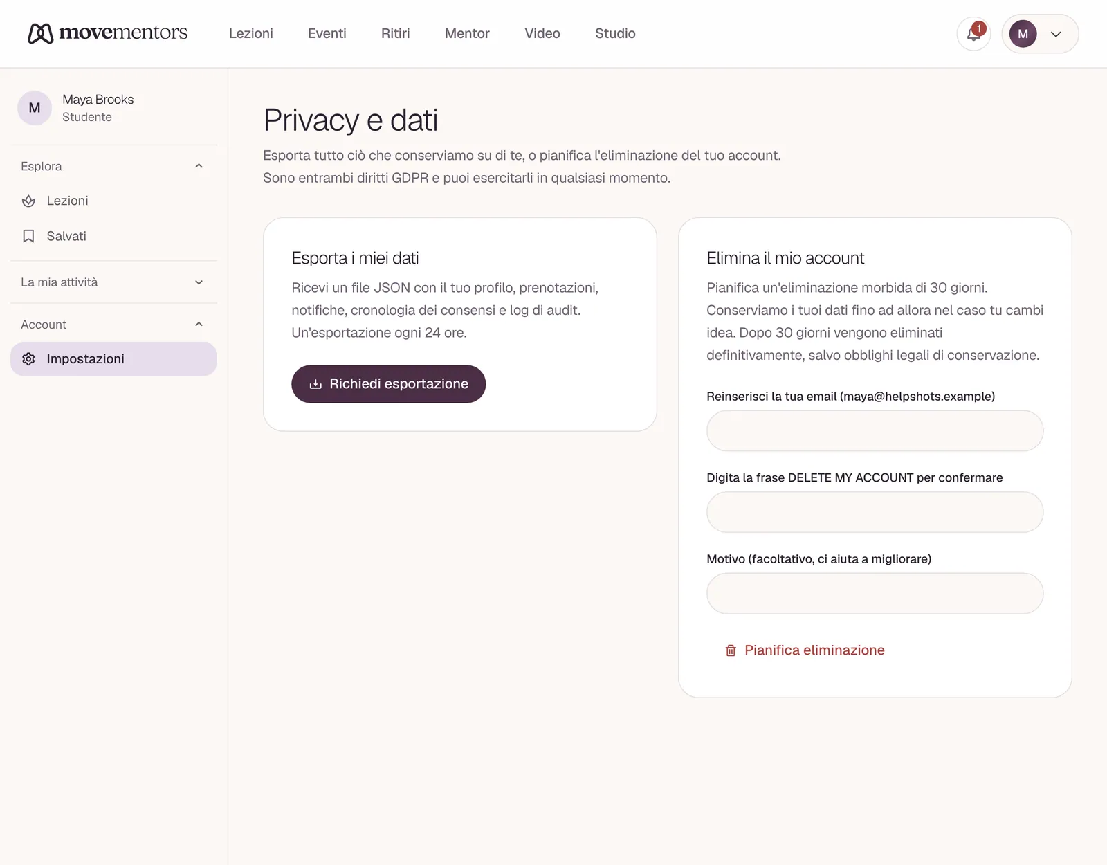 La pagina Privacy, dove scarichi i tuoi dati o elimini il tuo account.