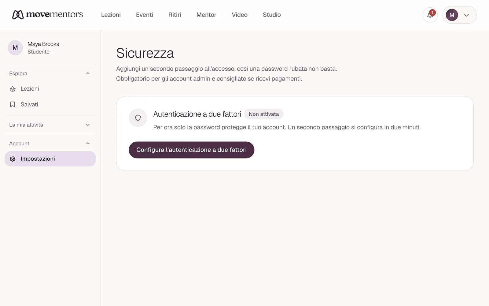 La pagina Sicurezza, dove configuri l'autenticazione a due fattori.