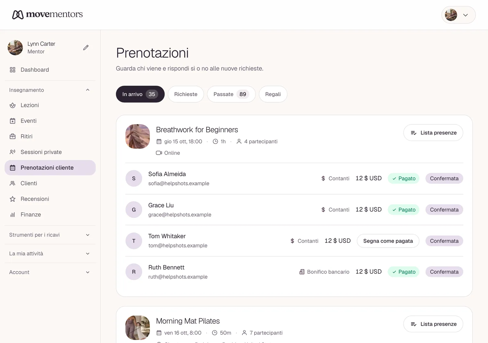 L'elenco delle prenotazioni nella dashboard del mentor.