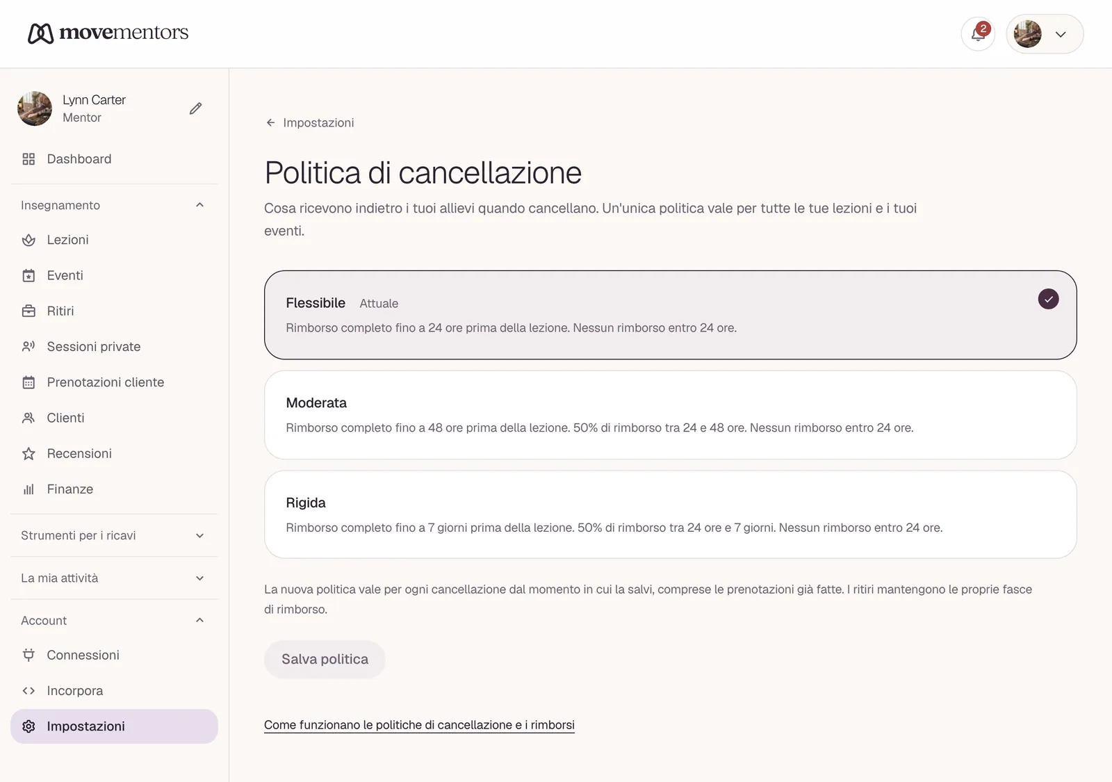 La pagina della politica di cancellazione nelle impostazioni.