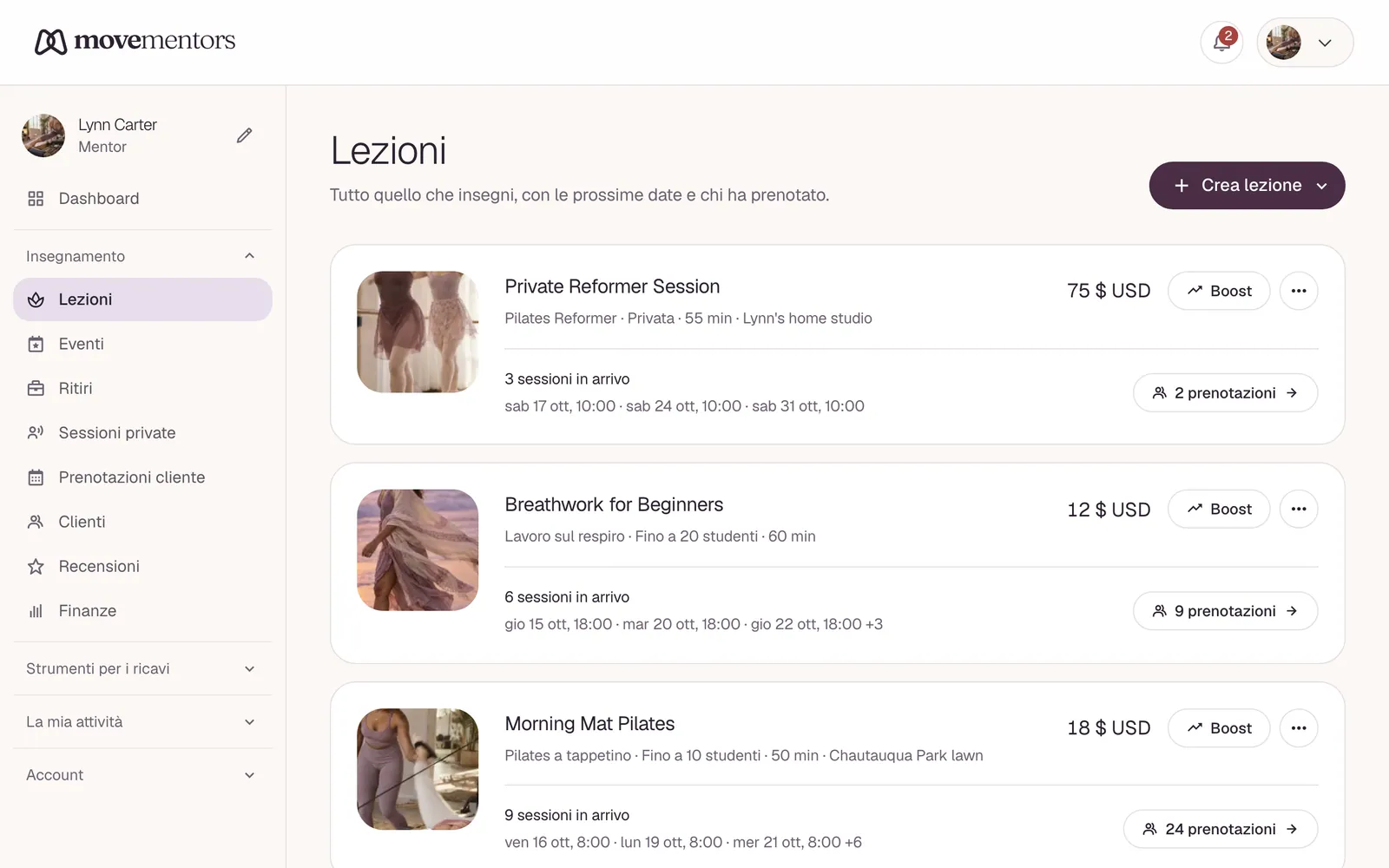 L'elenco delle tue lezioni nella dashboard.