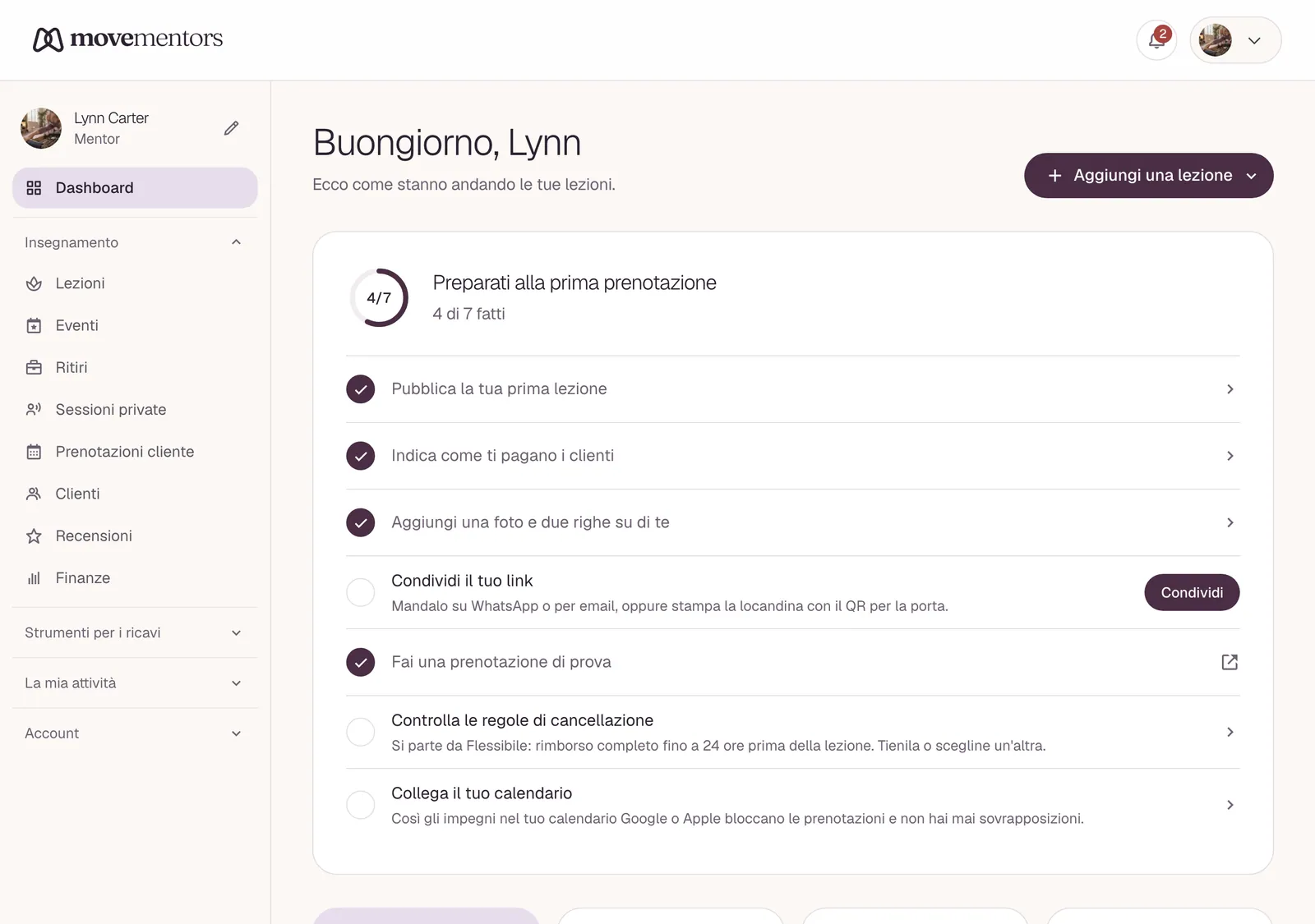 La dashboard del mentor: guadagni del mese, prossime prenotazioni e valutazione a colpo d'occhio.