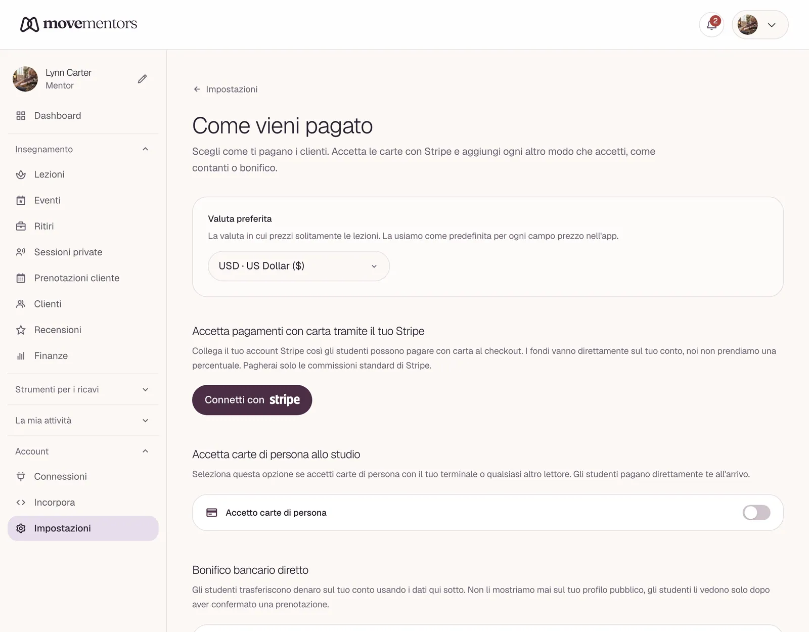 La pagina Pagamenti nelle impostazioni: in alto la carta tramite Stripe, sotto gli altri metodi di pagamento.