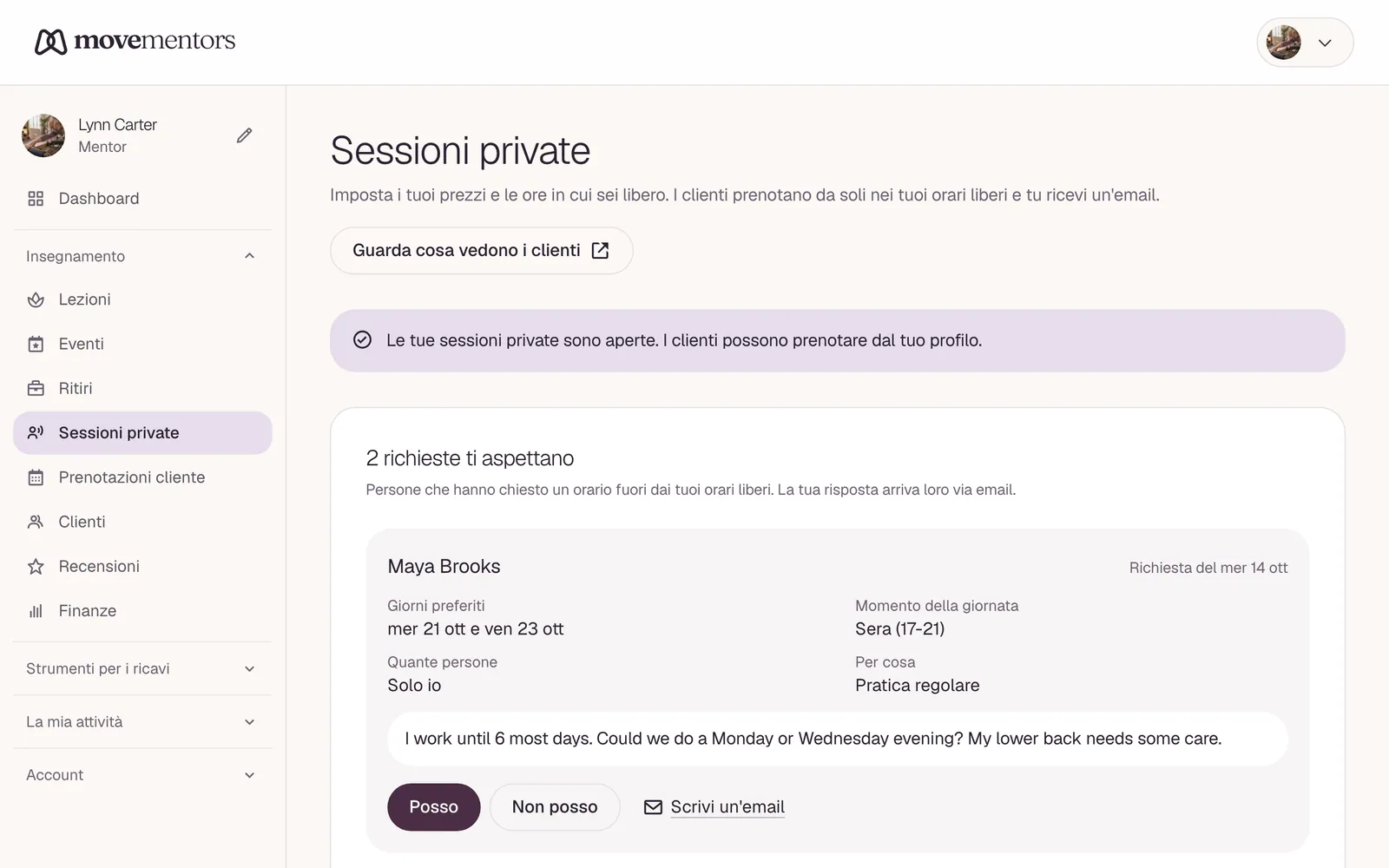 La pagina delle sessioni private nella dashboard del mentor.