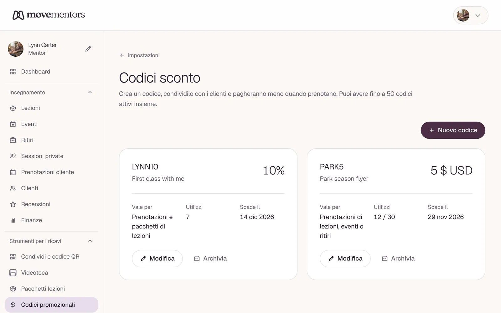 I codici promozionali nella dashboard, con il numero di utilizzi di ciascuno.