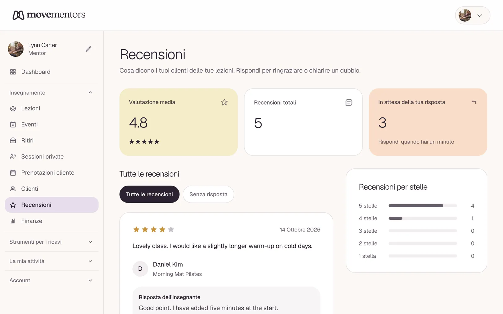 Le tue recensioni nella dashboard. Puoi rispondere sotto ognuna.