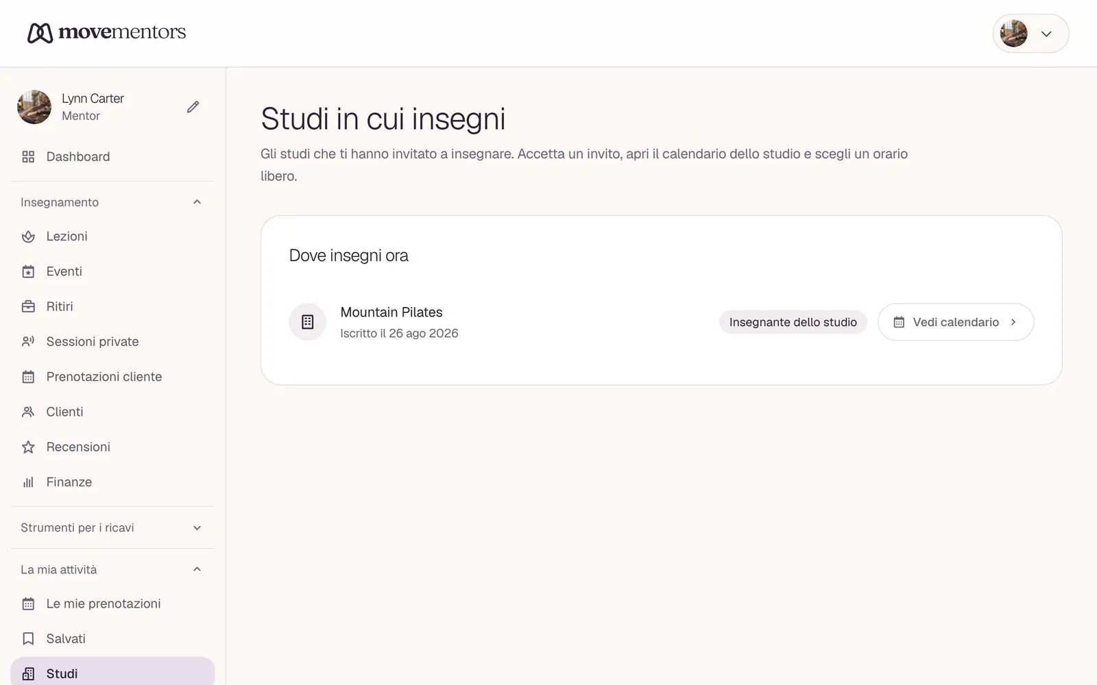 Gli studi in cui insegni, nella tua dashboard da mentor.