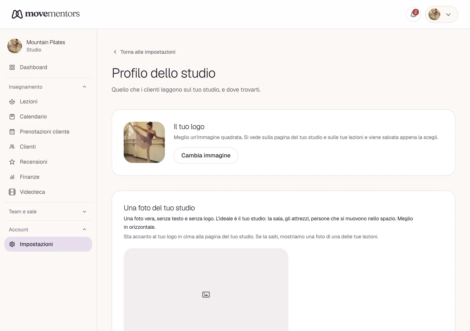 L'editor del profilo dell'attività nelle impostazioni dello studio.