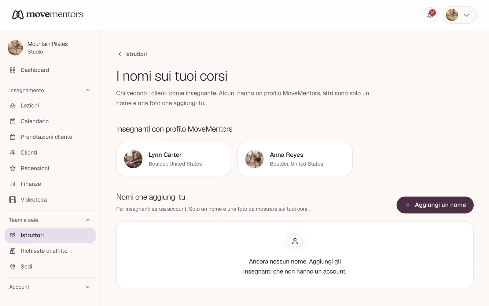 I nomi mostrati sulle tue lezioni: insegnanti con un proprio profilo e nomi che aggiungi tu.
