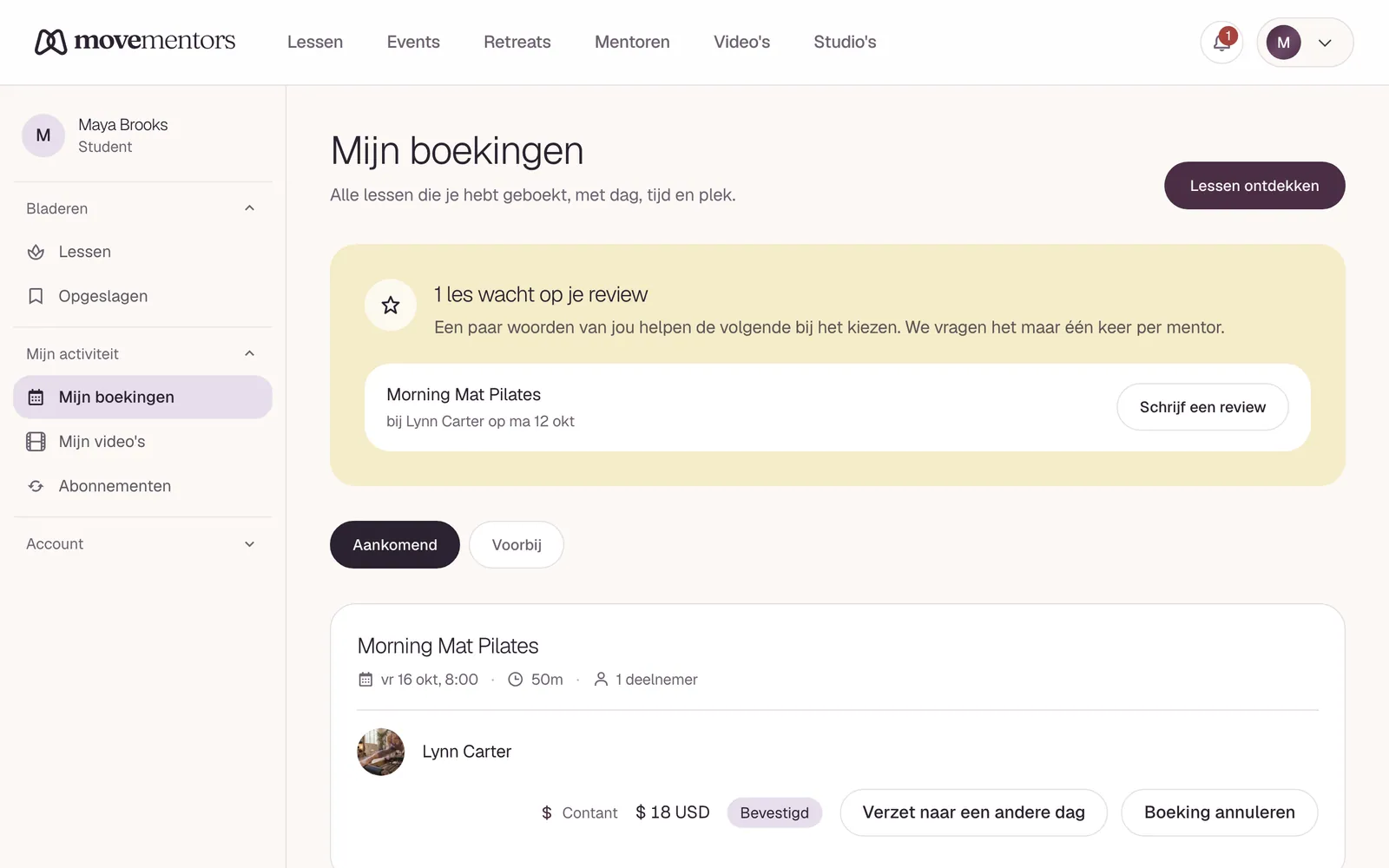 Mijn boekingen: je komende lessen, met de dag, de tijd en hoe je betaalt.
