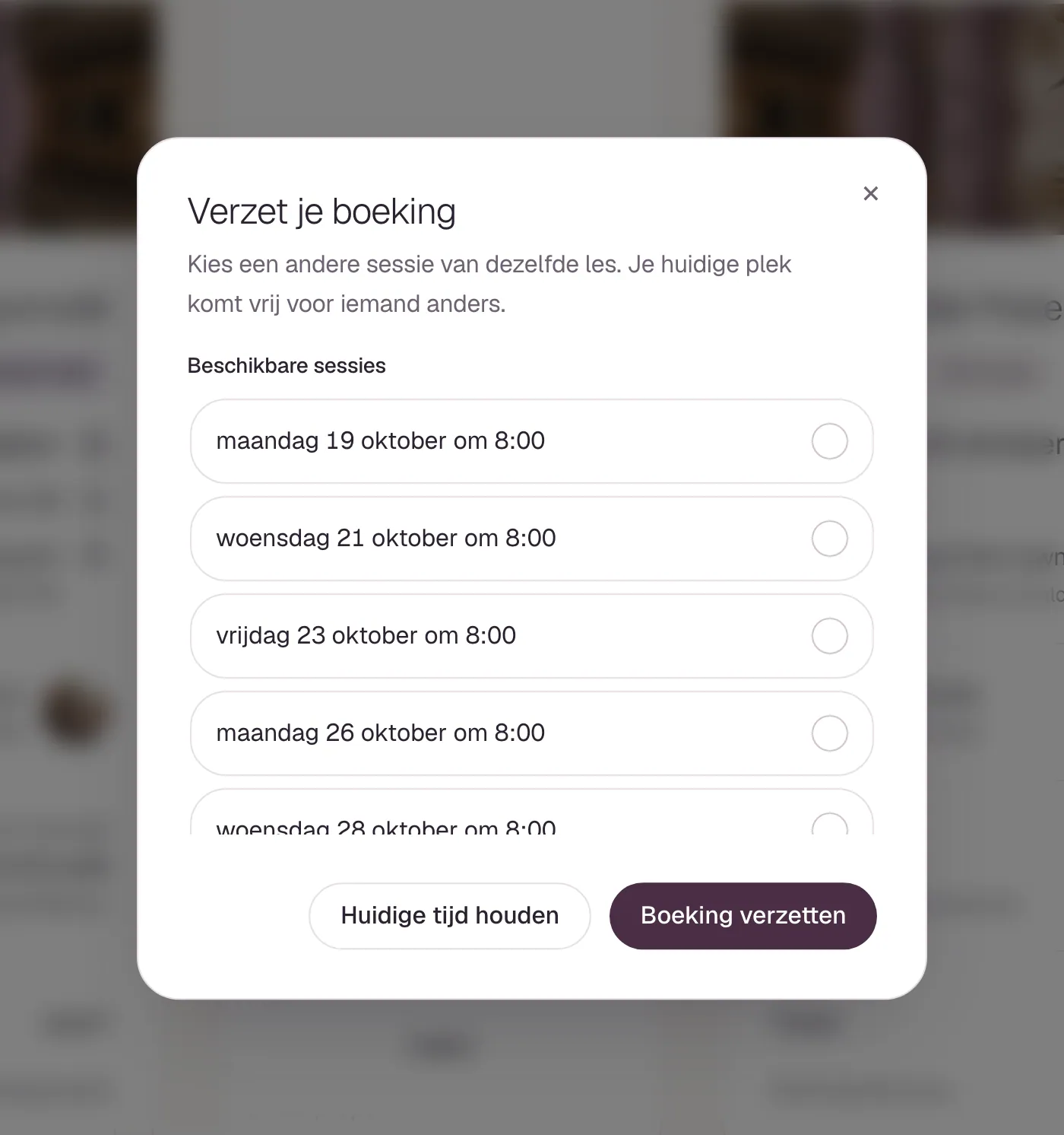 Een boeking verplaatsen: kies een andere datum van dezelfde les.