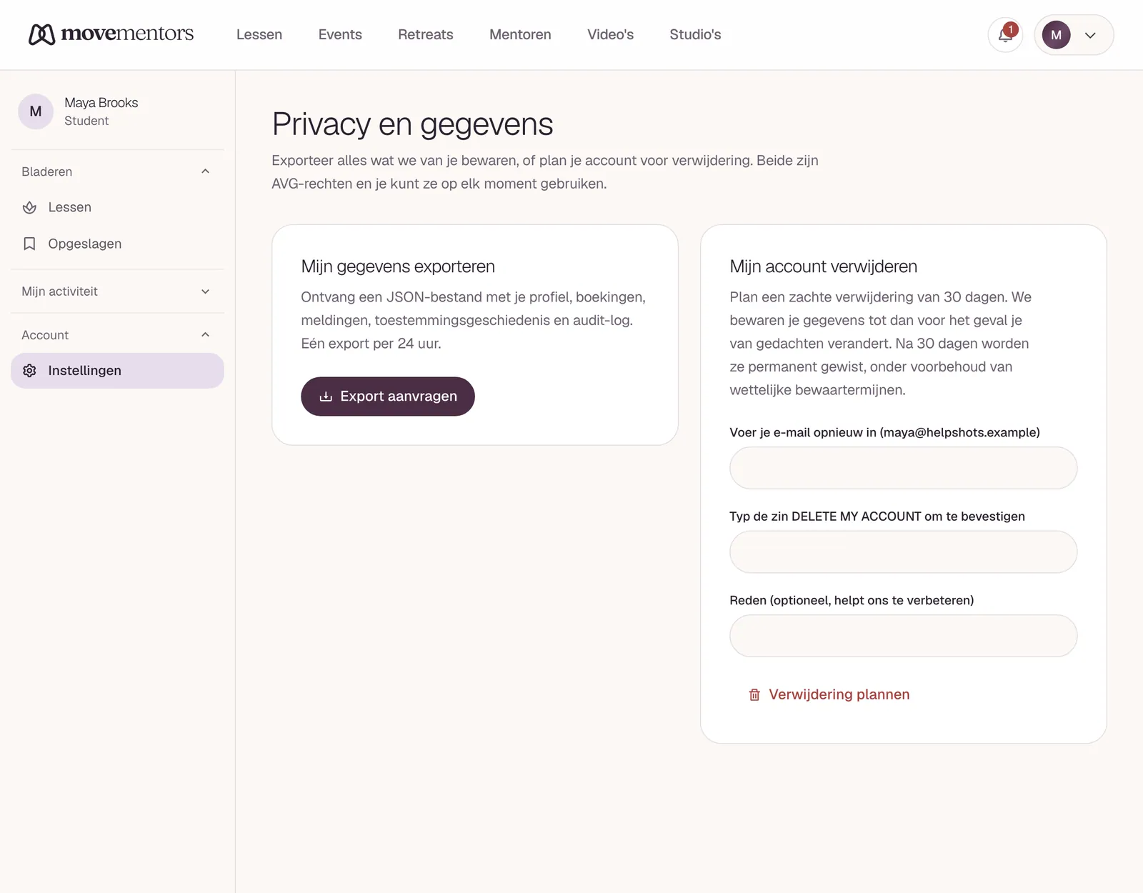De privacypagina, waar je je gegevens downloadt of je account verwijdert.
