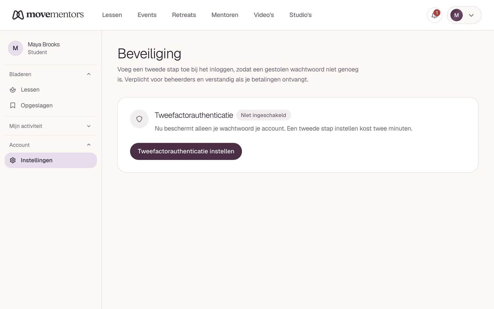 De beveiligingspagina, waar je tweestapsverificatie instelt.