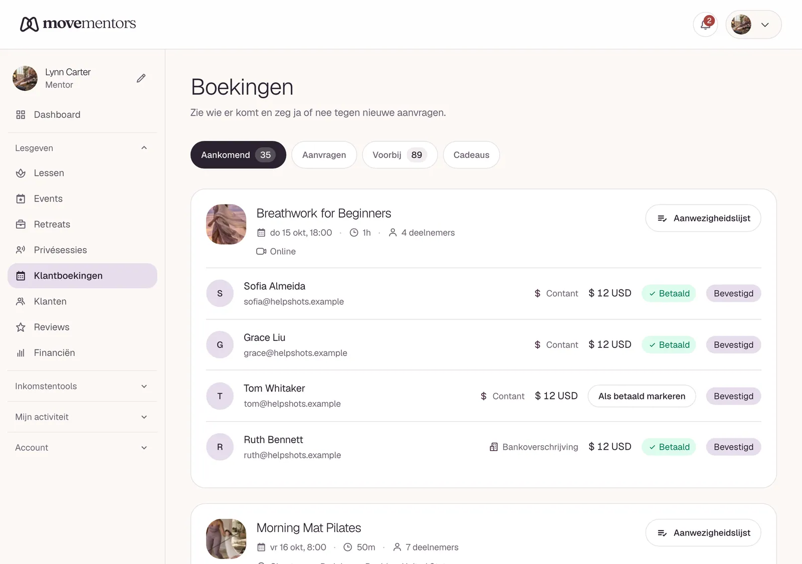 De boekingenlijst in het mentordashboard.