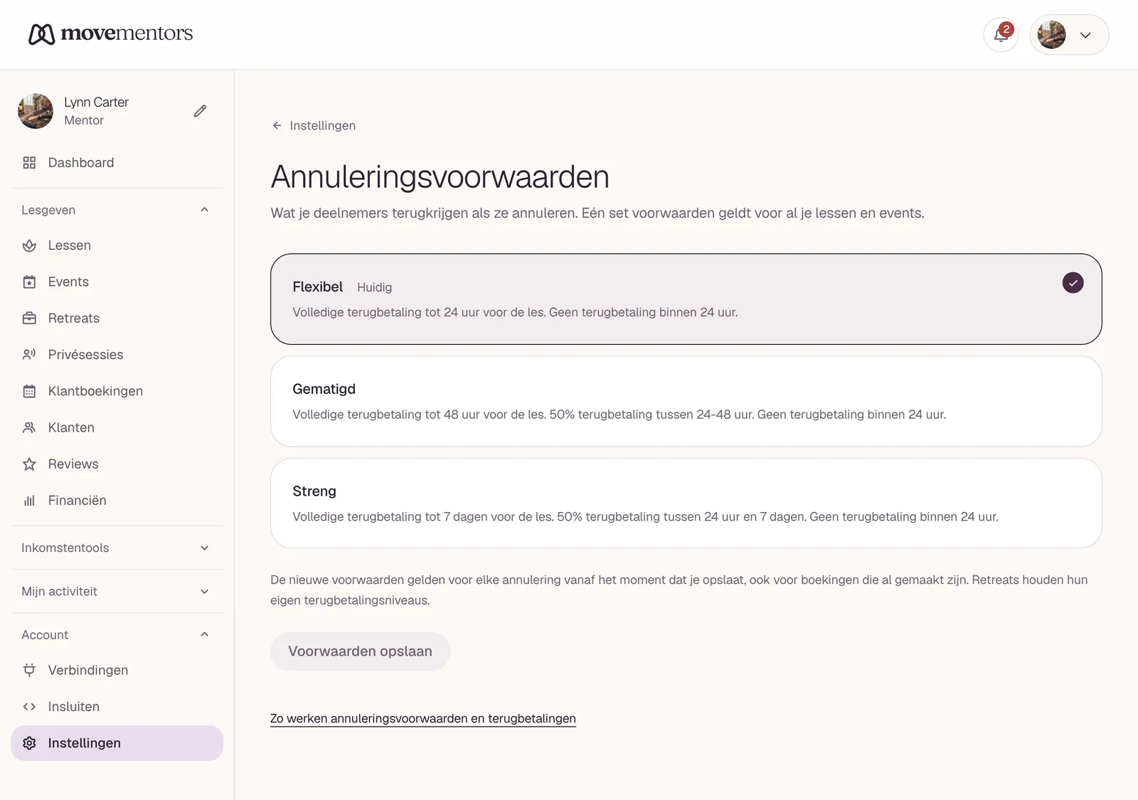 De pagina voor het annuleringsbeleid in je instellingen.
