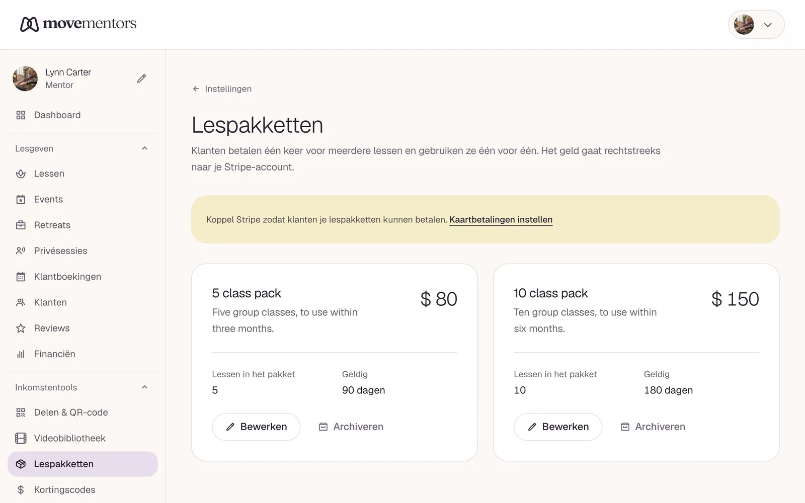 Lespakketten in het dashboard. Elke kaart is een pakket dat je verkoopt.