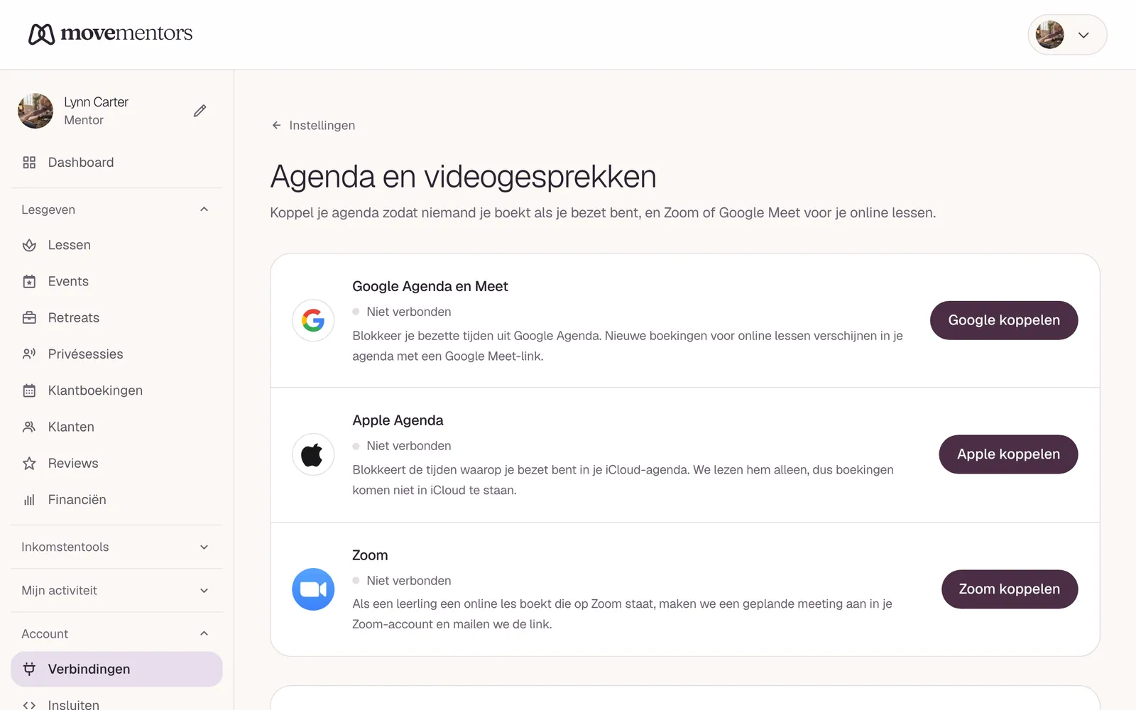 De pagina koppelingen: een rij voor Google, een voor Apple Agenda en een voor Zoom.