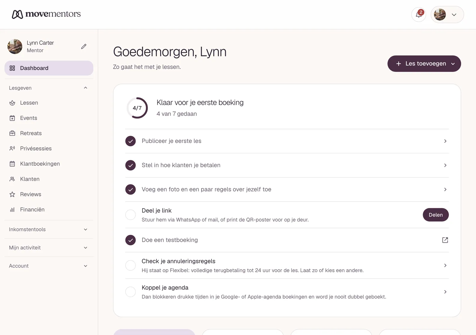 Het mentordashboard: de inkomsten van deze maand, komende boekingen en je beoordeling in één oogopslag.