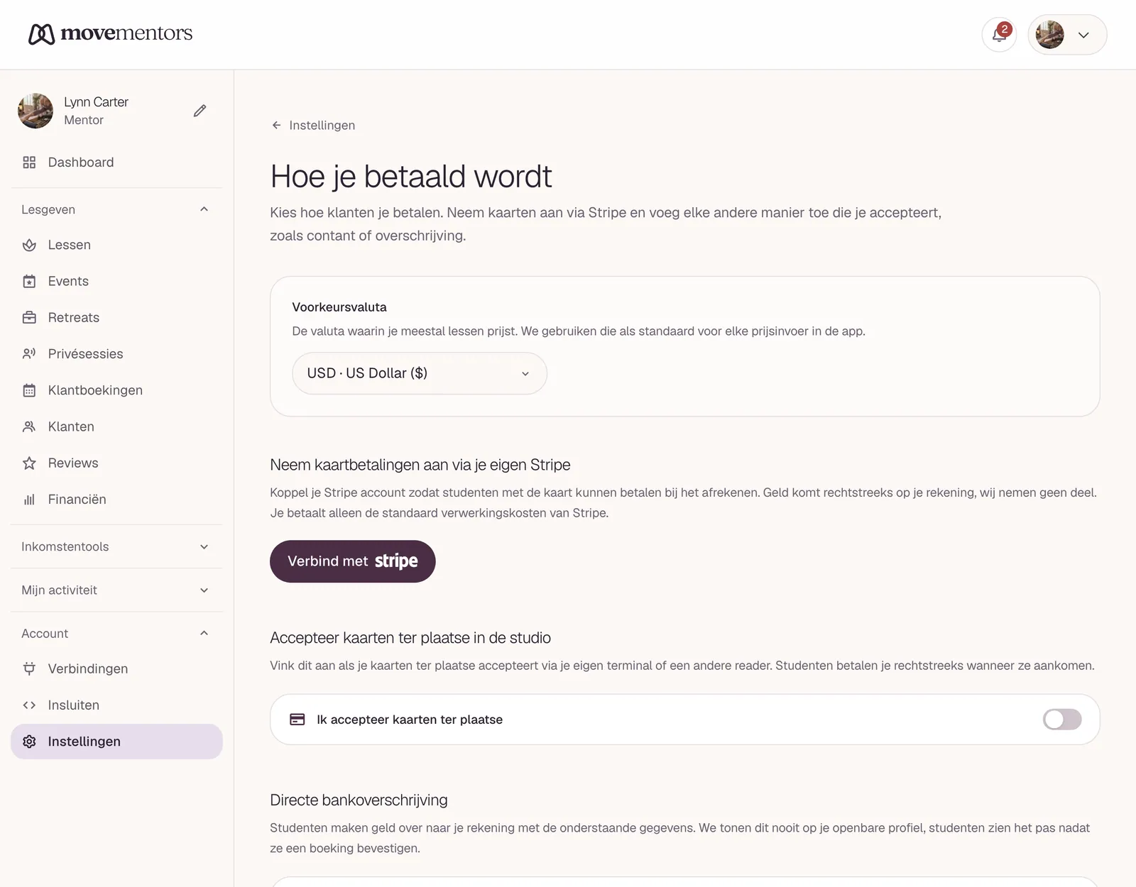 De betaalpagina in je instellingen: bovenaan kaartbetalingen via Stripe, daaronder de andere betaalmanieren.