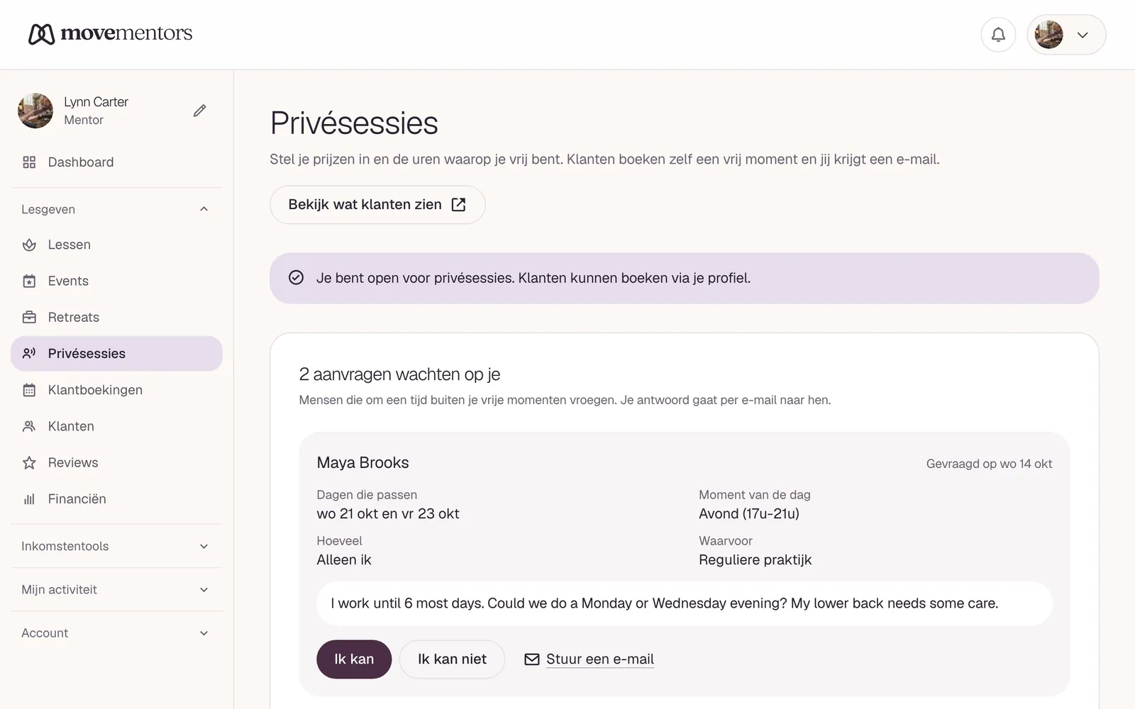 De pagina met privésessies in het mentordashboard.