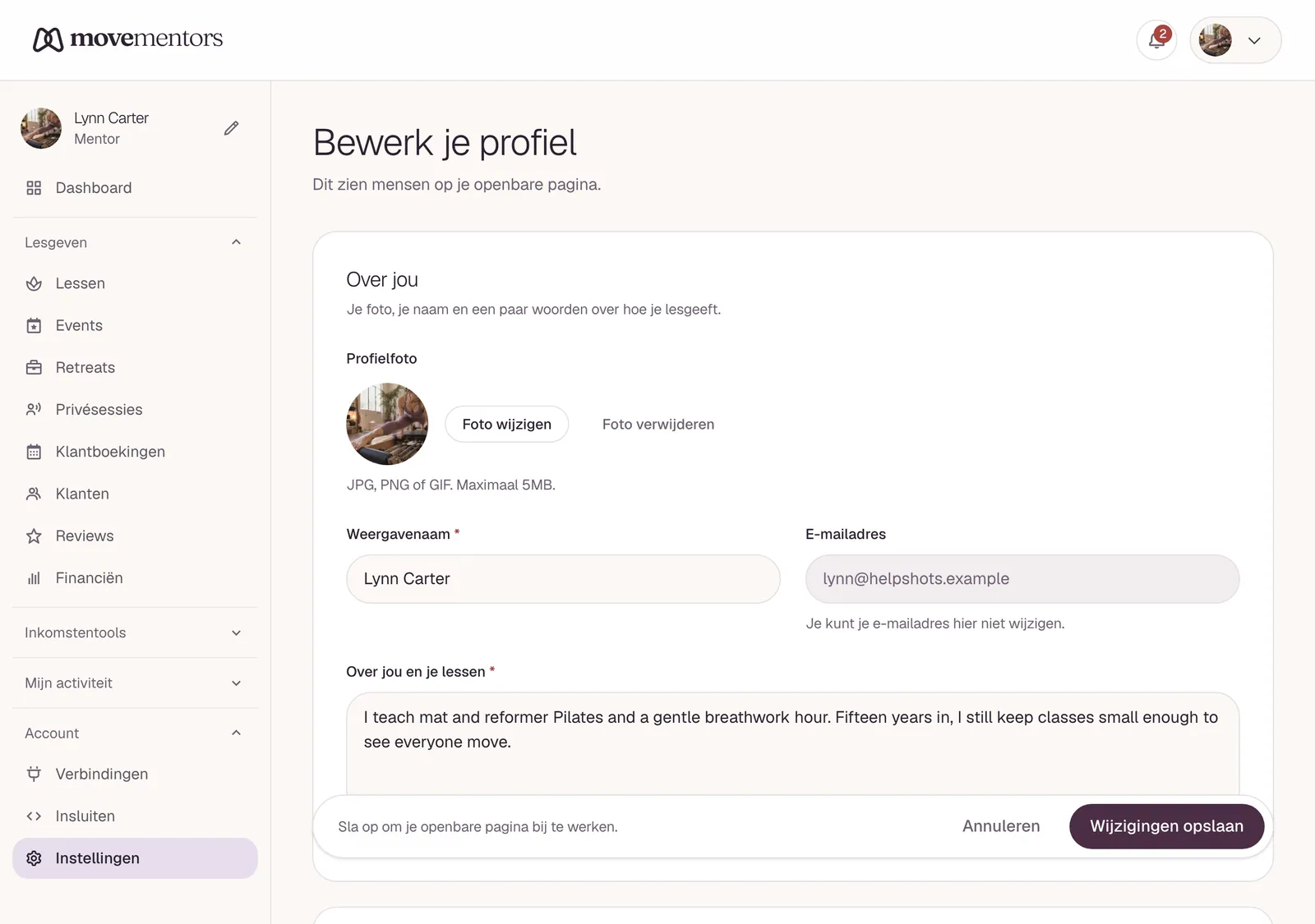 De profieleditor, waar je je foto, bio en links aanpast.