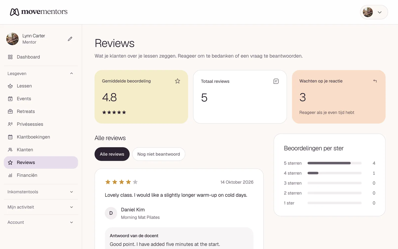 Je reviews in het dashboard. Onder elke review kun je reageren.