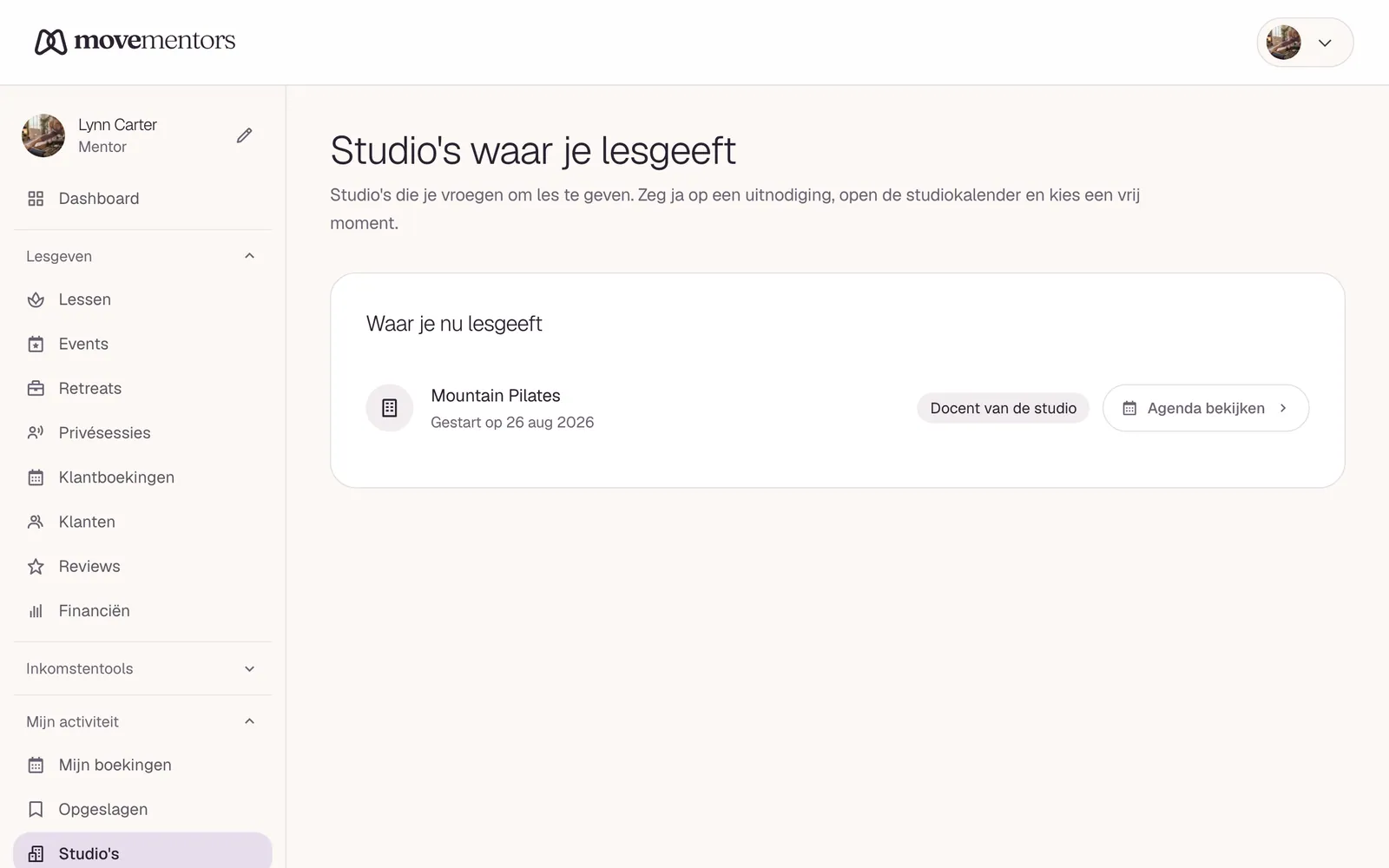 De studio's waar je lesgeeft, in je mentordashboard.