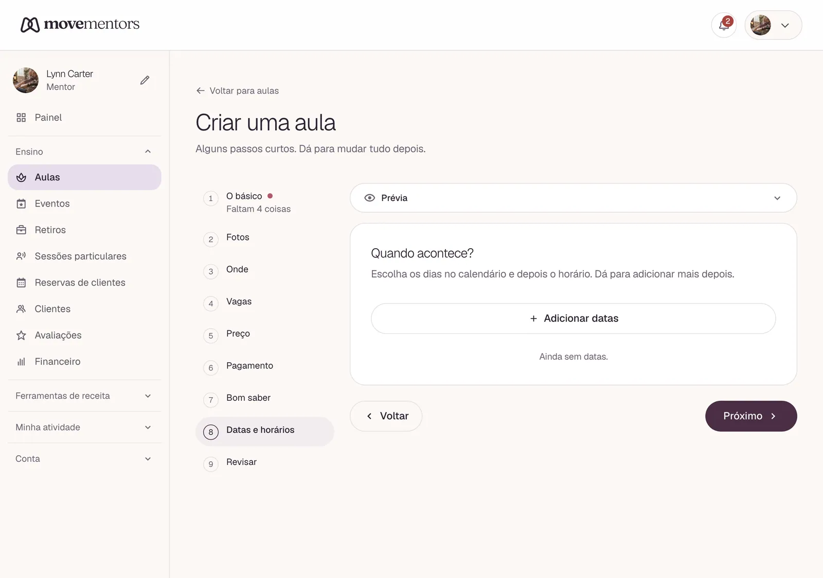 A etapa de datas e horários, onde você adiciona os dias da aula.