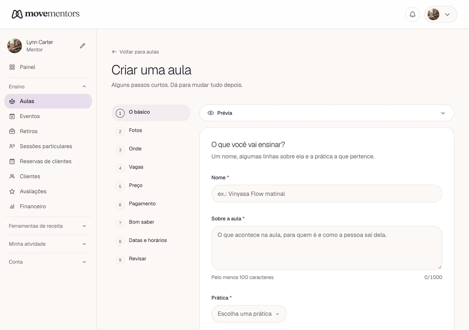 Criar uma aula: uma etapa curta por vez, com a lista de etapas à esquerda.
