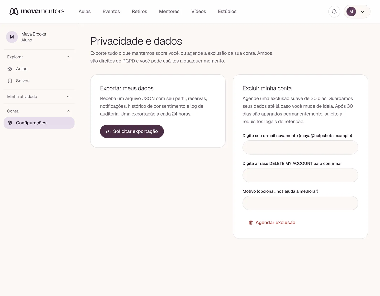 A página de privacidade, onde você baixa seus dados ou exclui sua conta.