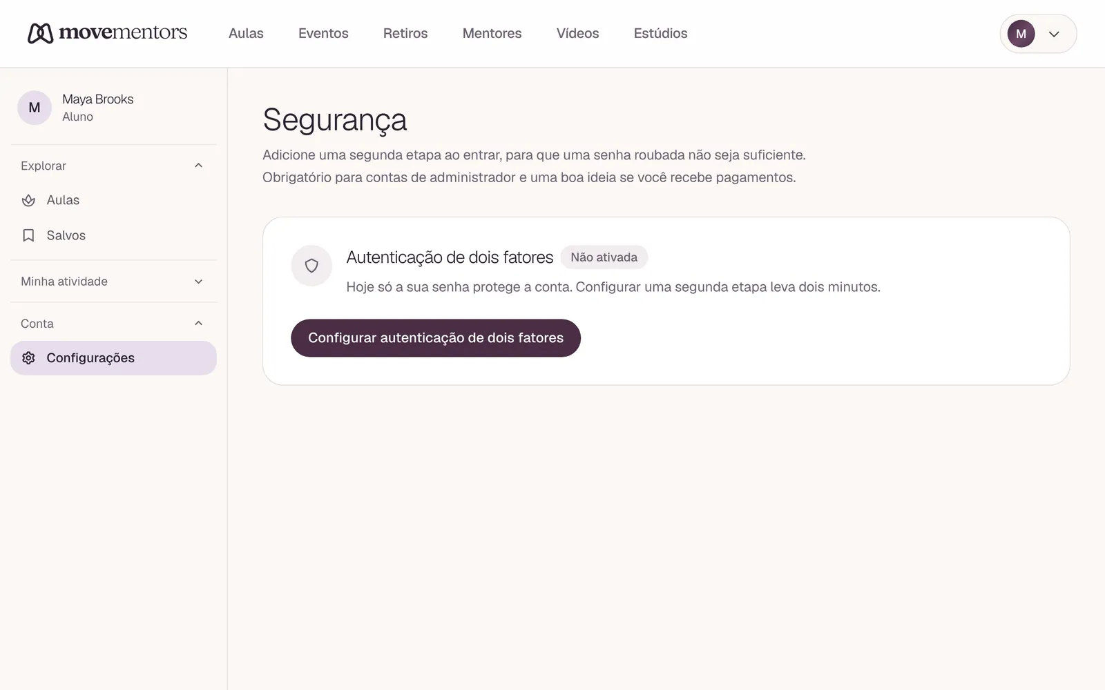A página de segurança, onde você configura a autenticação em duas etapas.