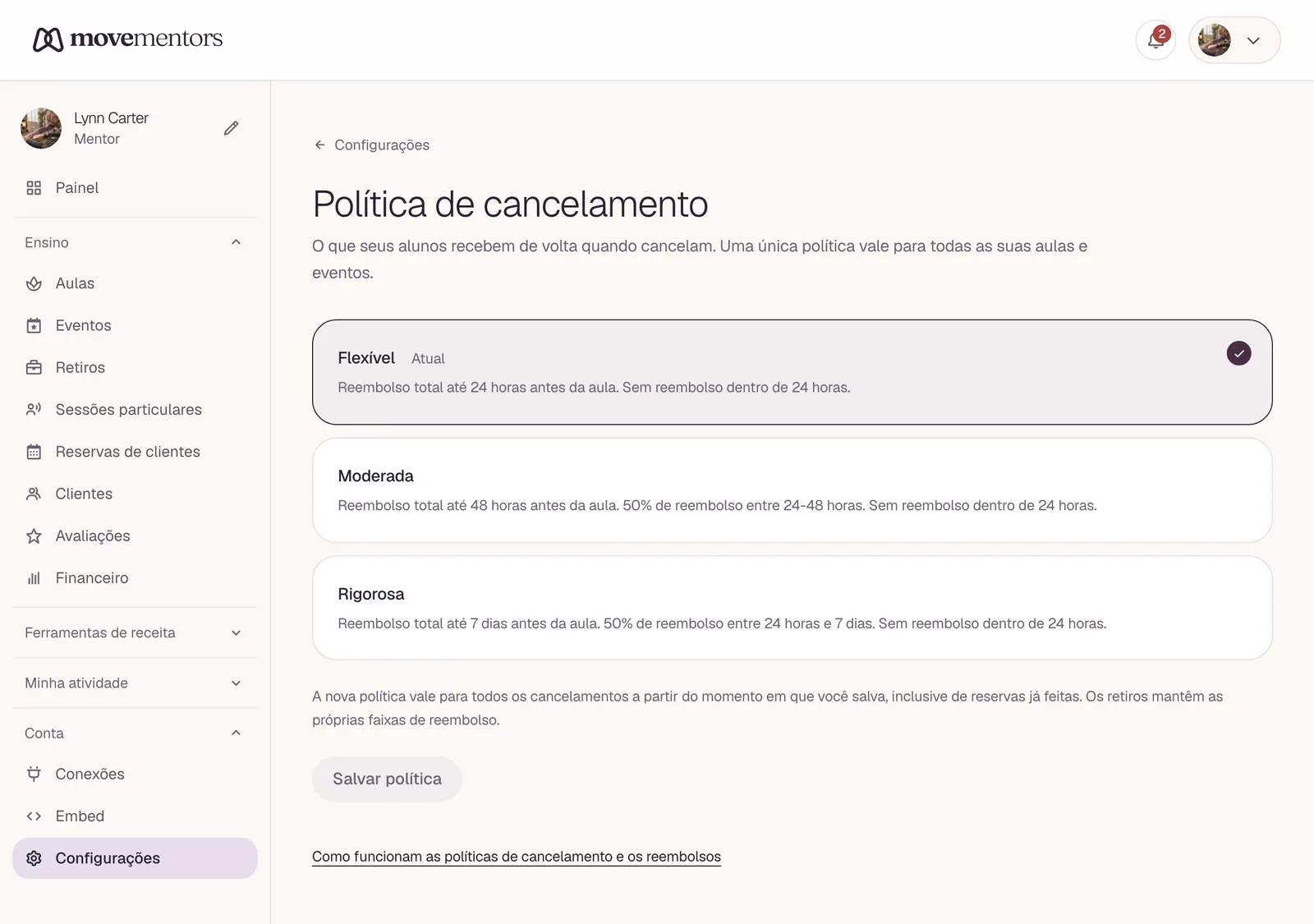 A página da política de cancelamento nas suas configurações.