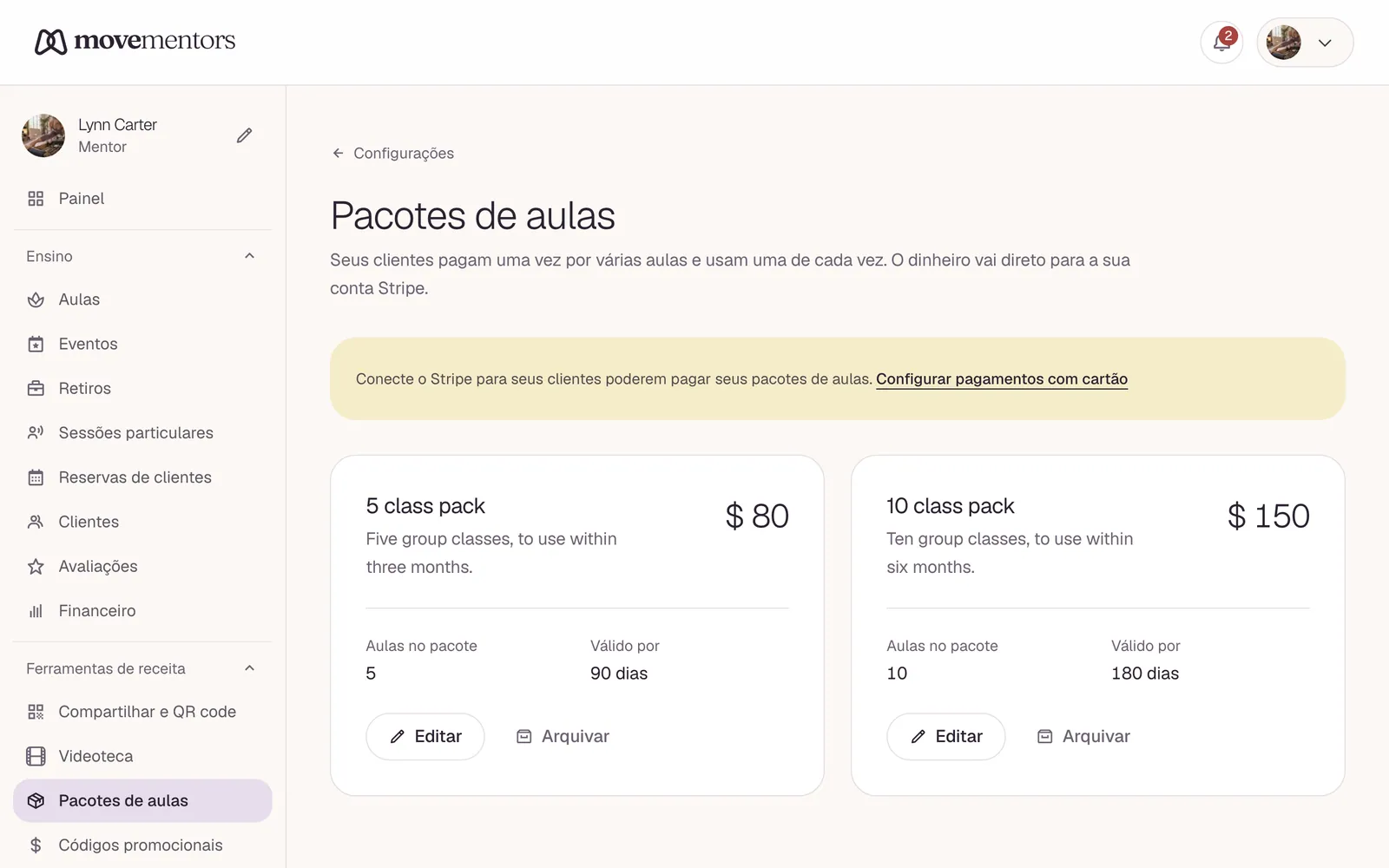 Os pacotes de aulas no painel. Cada cartão é um pacote que você vende.