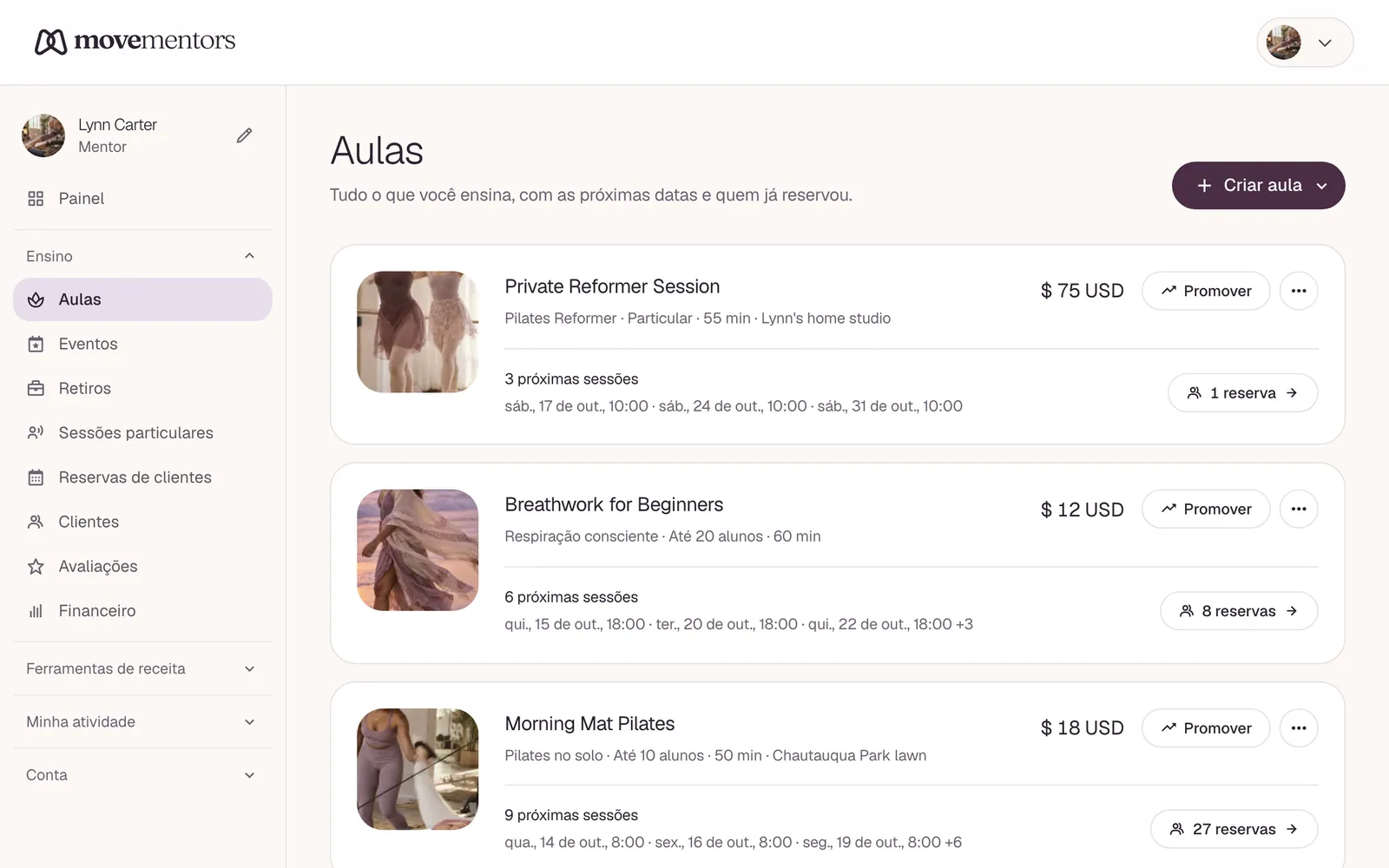 Sua lista de aulas no painel.