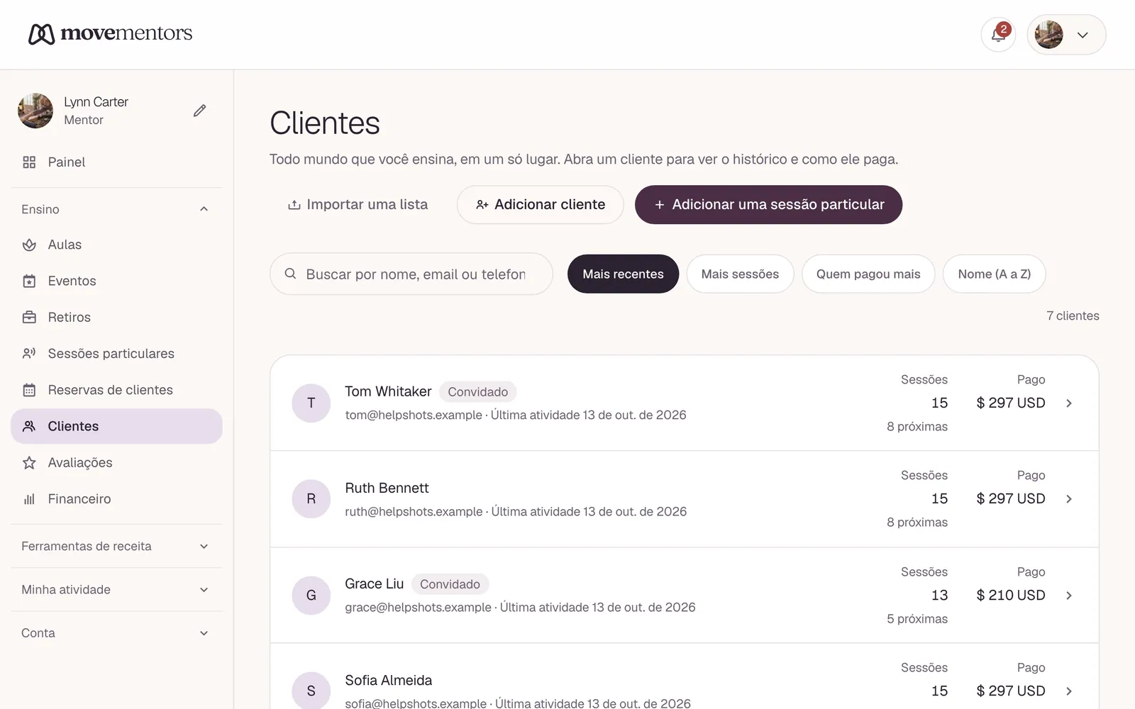 A lista de clientes, com as sessões de cada pessoa e quanto ela já pagou.
