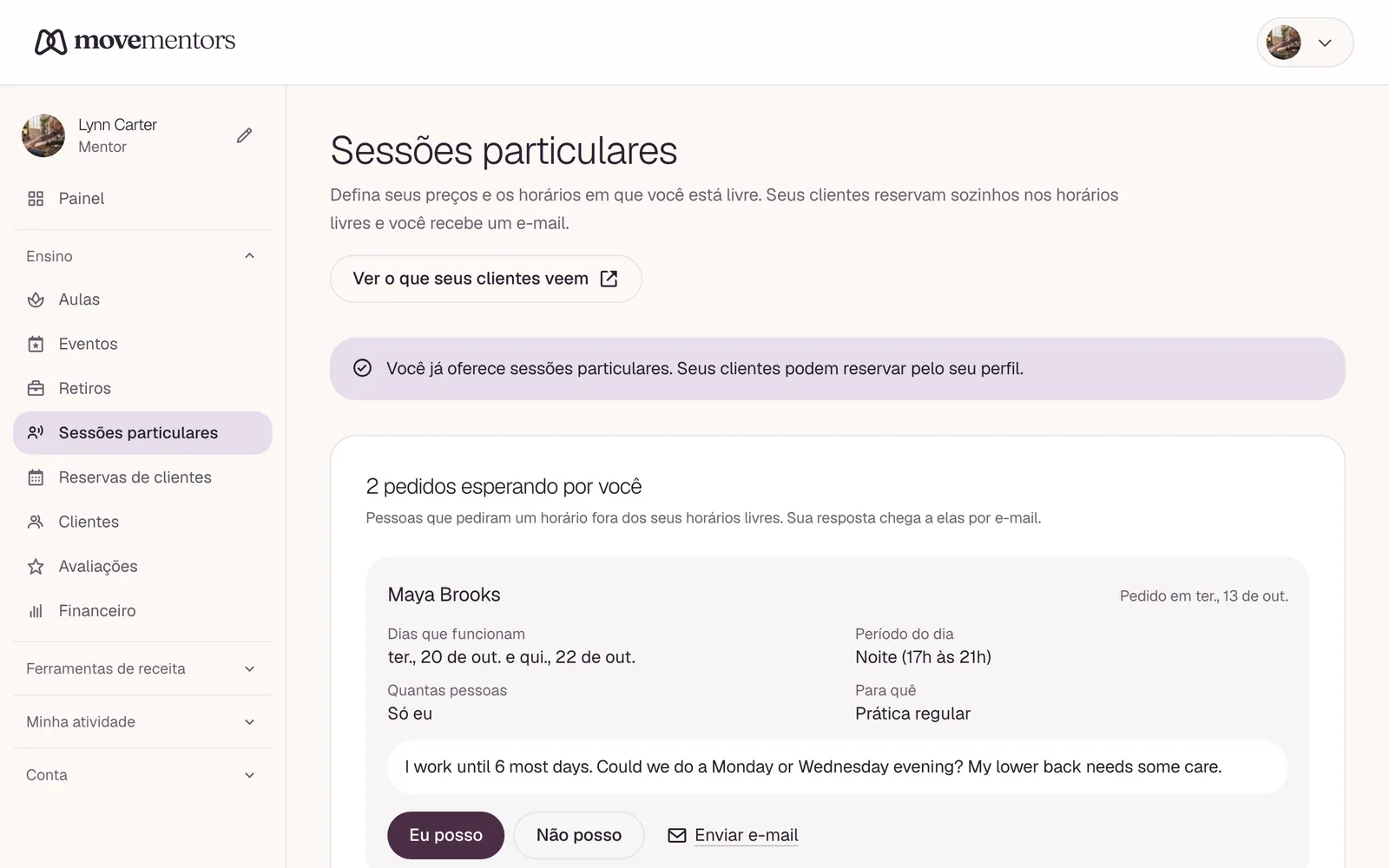 A página de sessões particulares no painel do mentor.