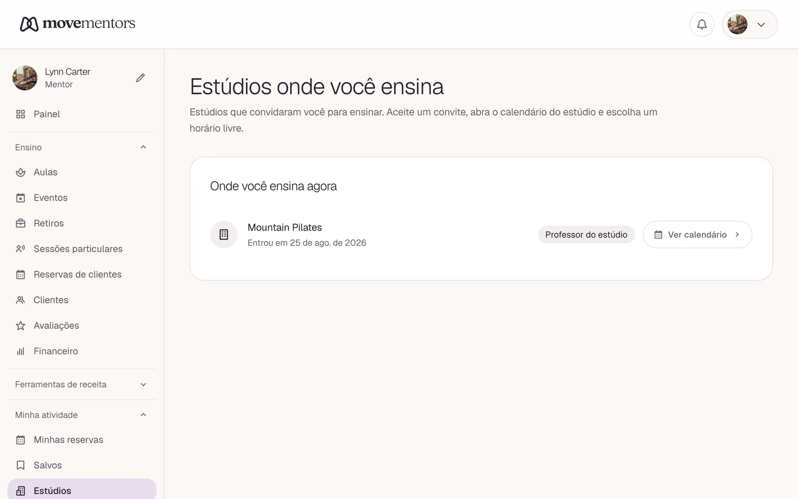 Os estúdios onde você dá aula, no seu painel de mentor.